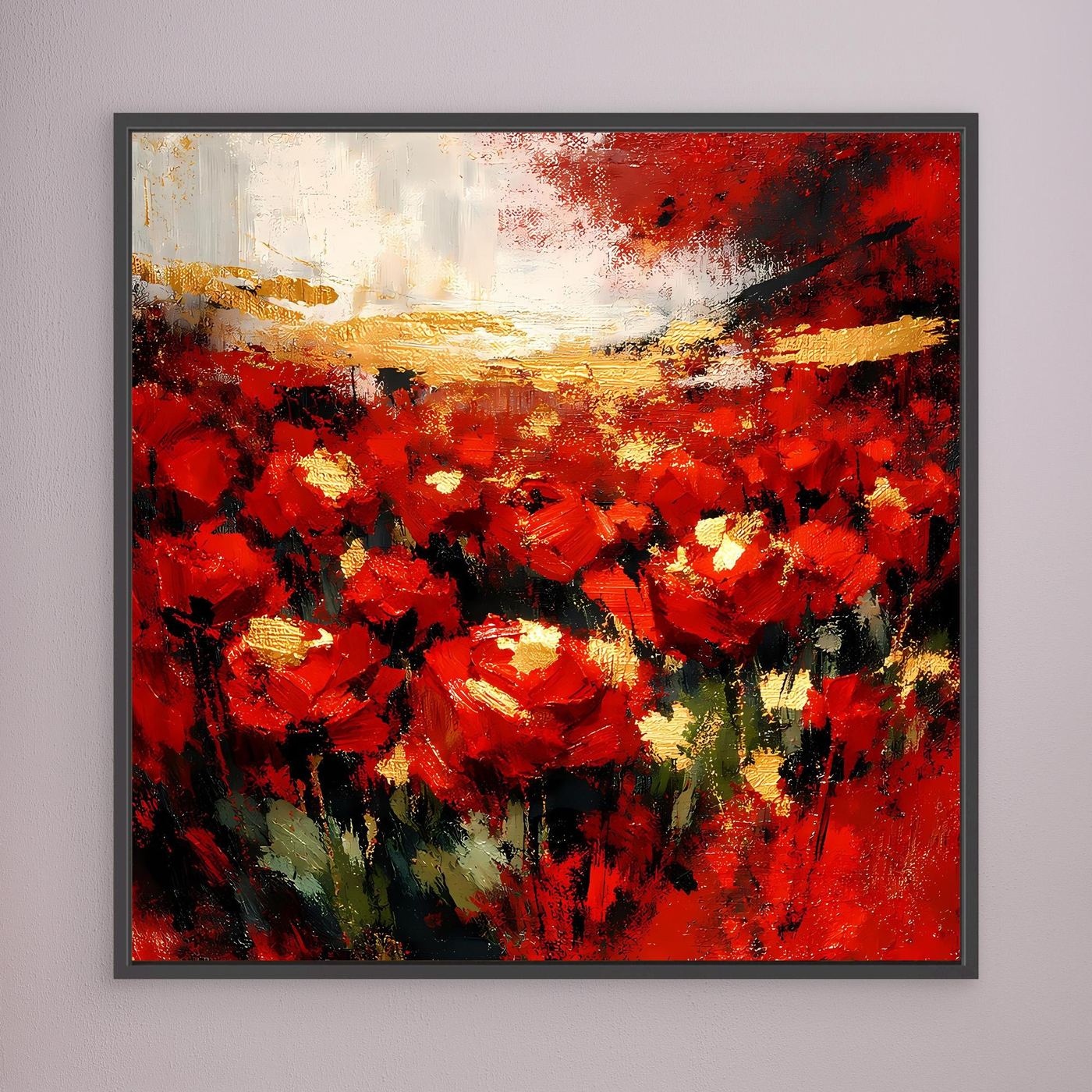 Wandbild mit abstraktem Blumenfeld, rote Blüten, Goldakzente, schwarzer Rahmen im Nahblick