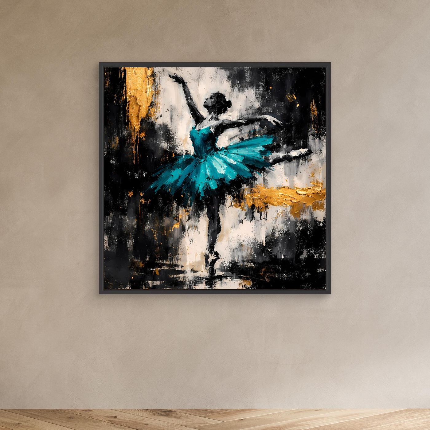 Leinwand Abstrakte Ballerina in Türkis und Gold | Modernes Ballett Wandbild mit Tanz-Motiv