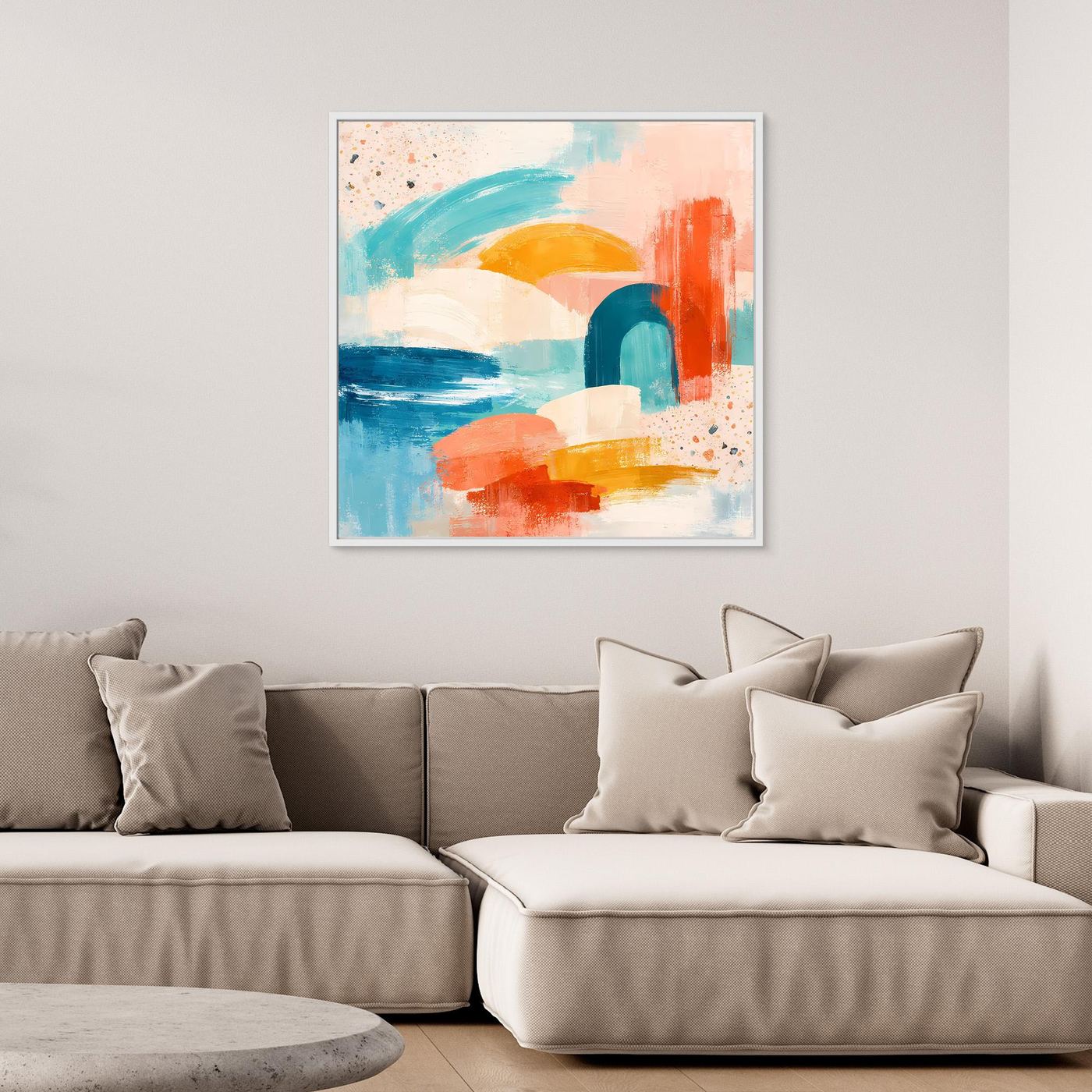 Abstract canvas wall art with pastel geometric shapes, terrazzo texture, white frame