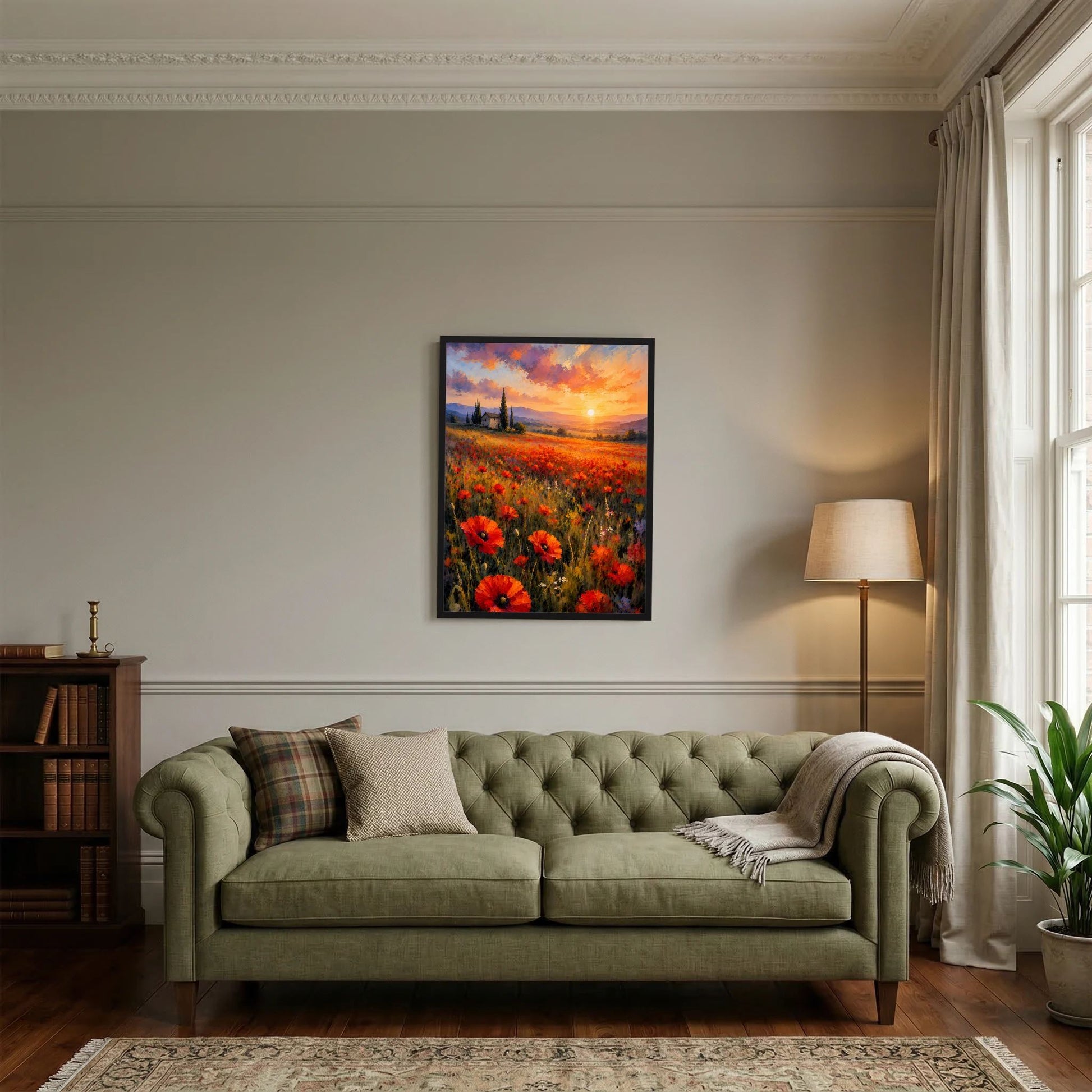Wandposter mit Mohnblumenfeld und orangefarbenem Sonnenuntergang, schwarze Umrandung