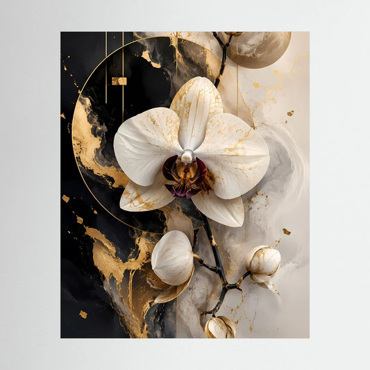 Hochformatiges Poster mit weißen Orchideen auf schwarzem Gold-Aquarell