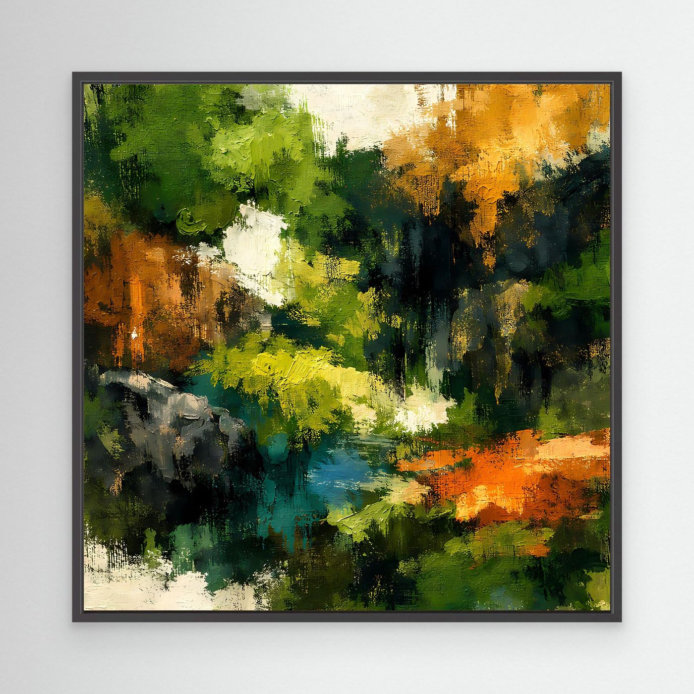 Leinwand-Wandbild mit schwarzem Rahmen: abstrakte Waldlandschaft und Fluss, grün, gelb, orange