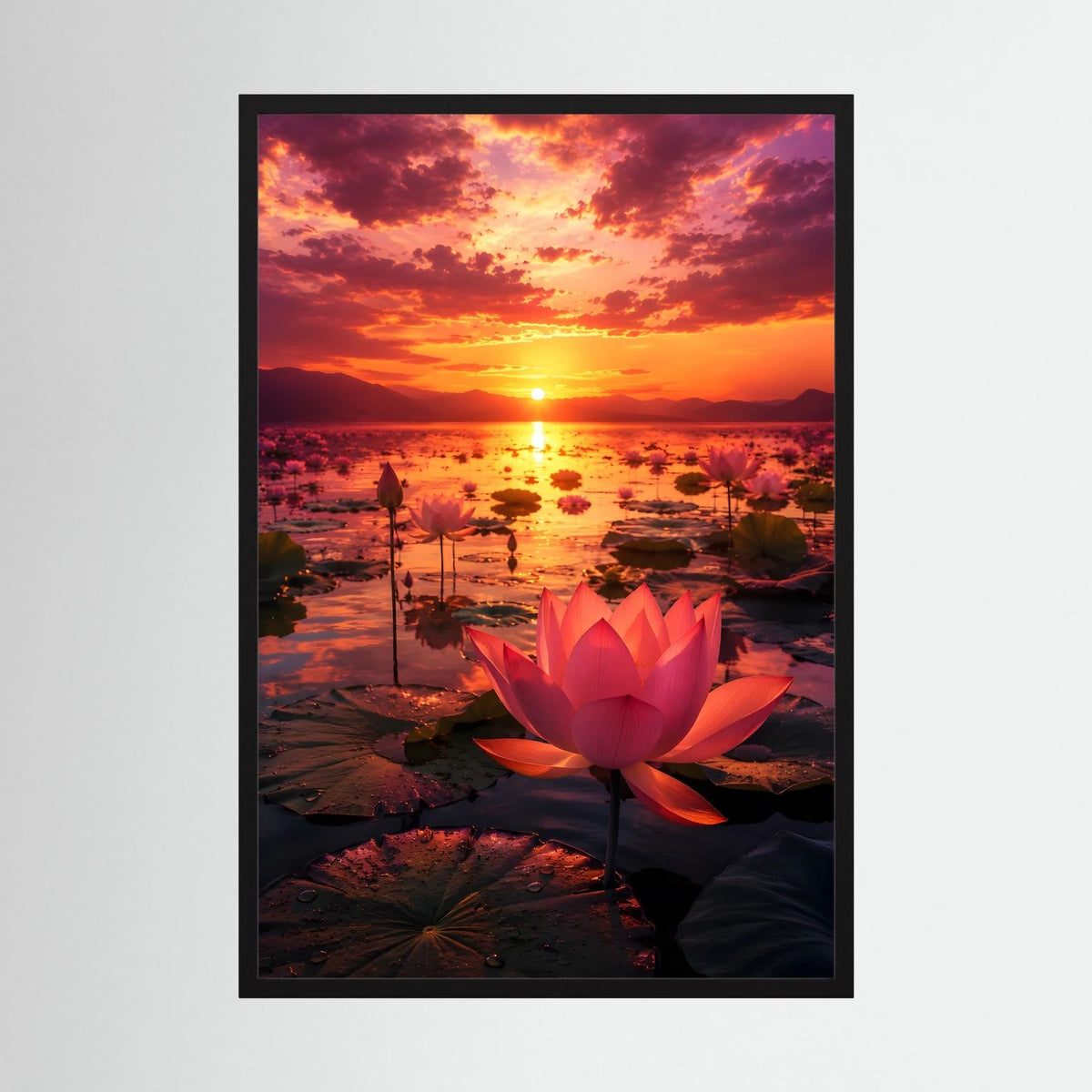 Hochformatiges Poster mit roter Lotusblüte und Sonnenuntergangsmotiv, im schwarzen Rahmen.