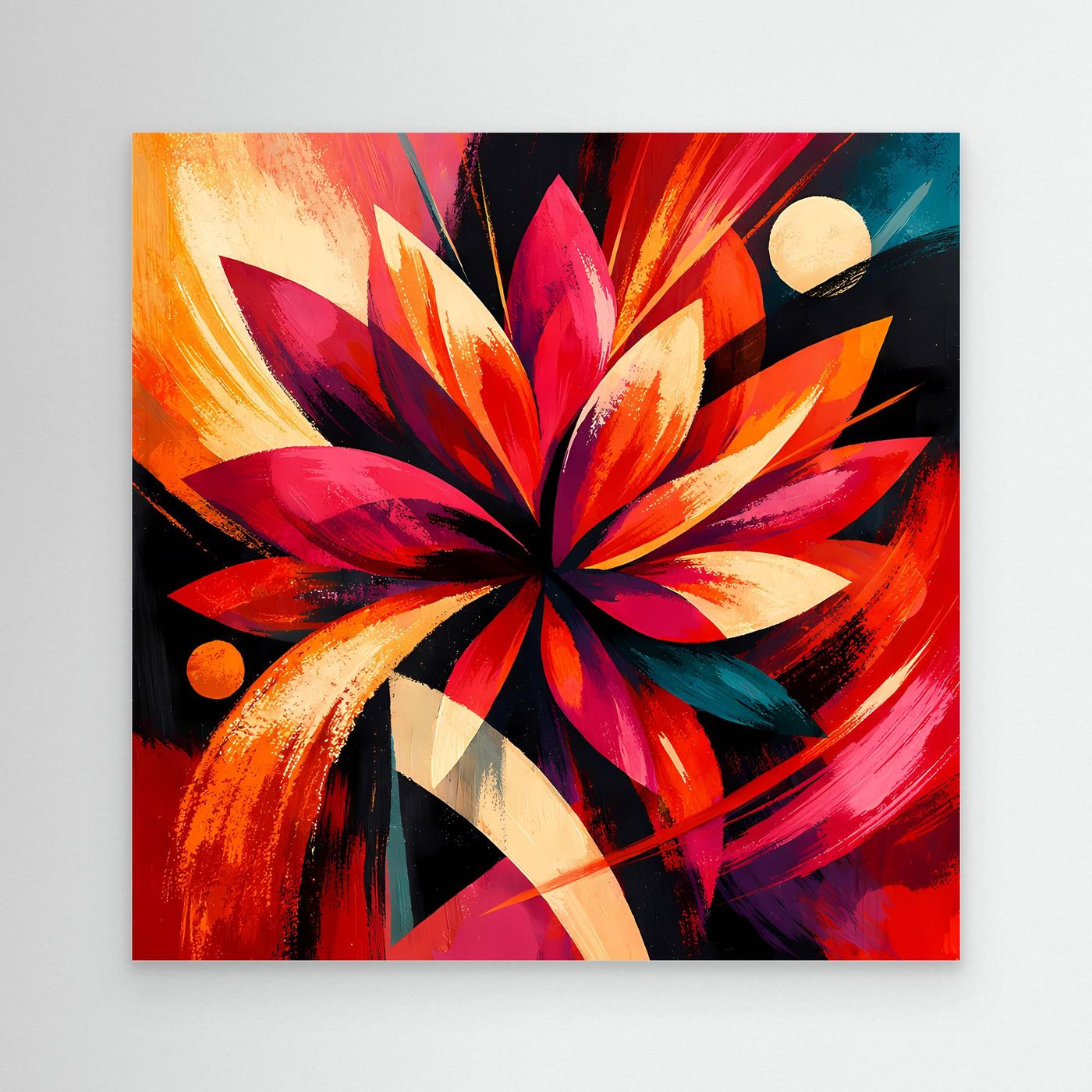 Leinwandbild mit abstrakter Blüte in Rot, Orange und Pink, mit schwarzen und beigen Akzenten