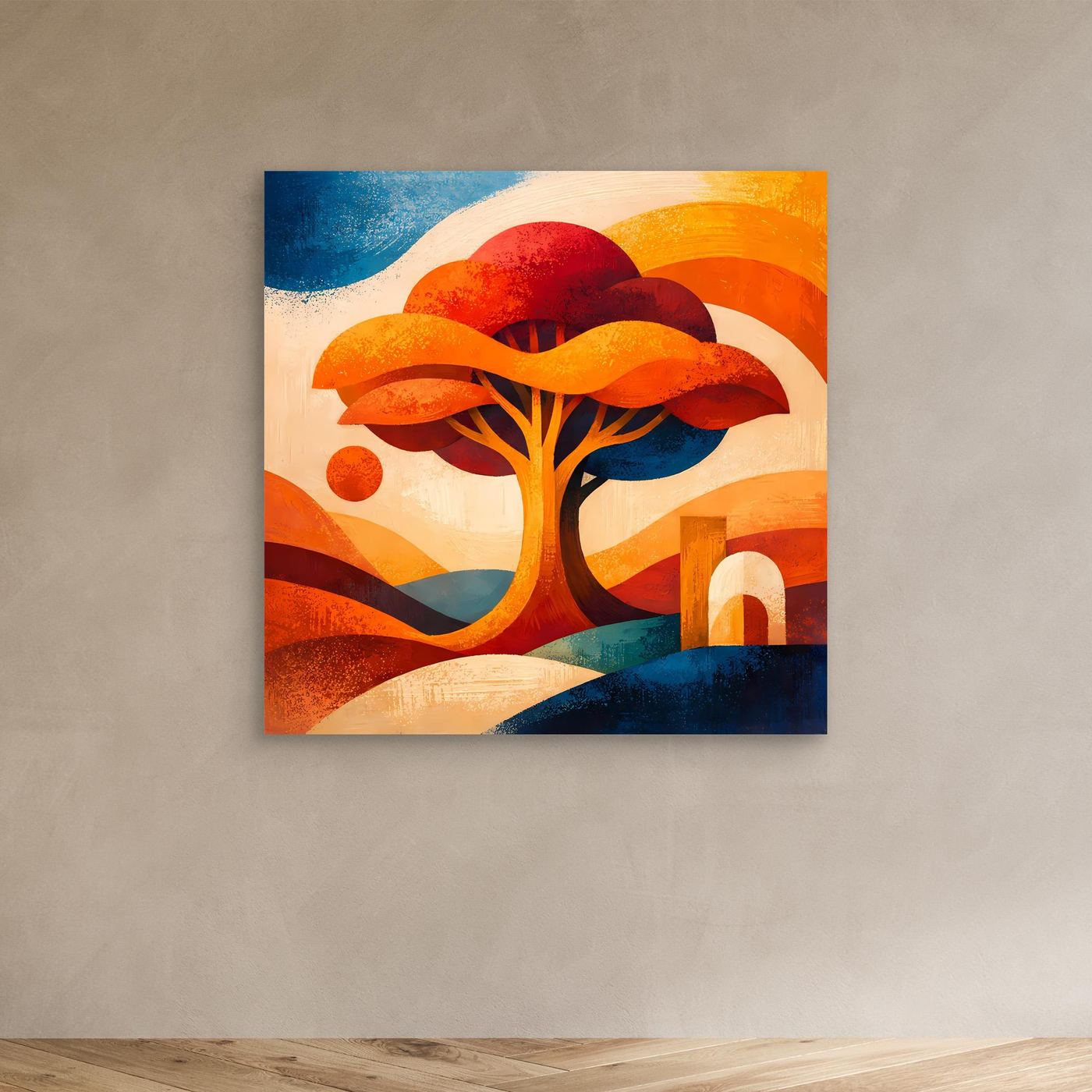 Leinwandbild mit abstraktem Lebensbaum, orange-blauer Hintergrund mit roter Baumkrone