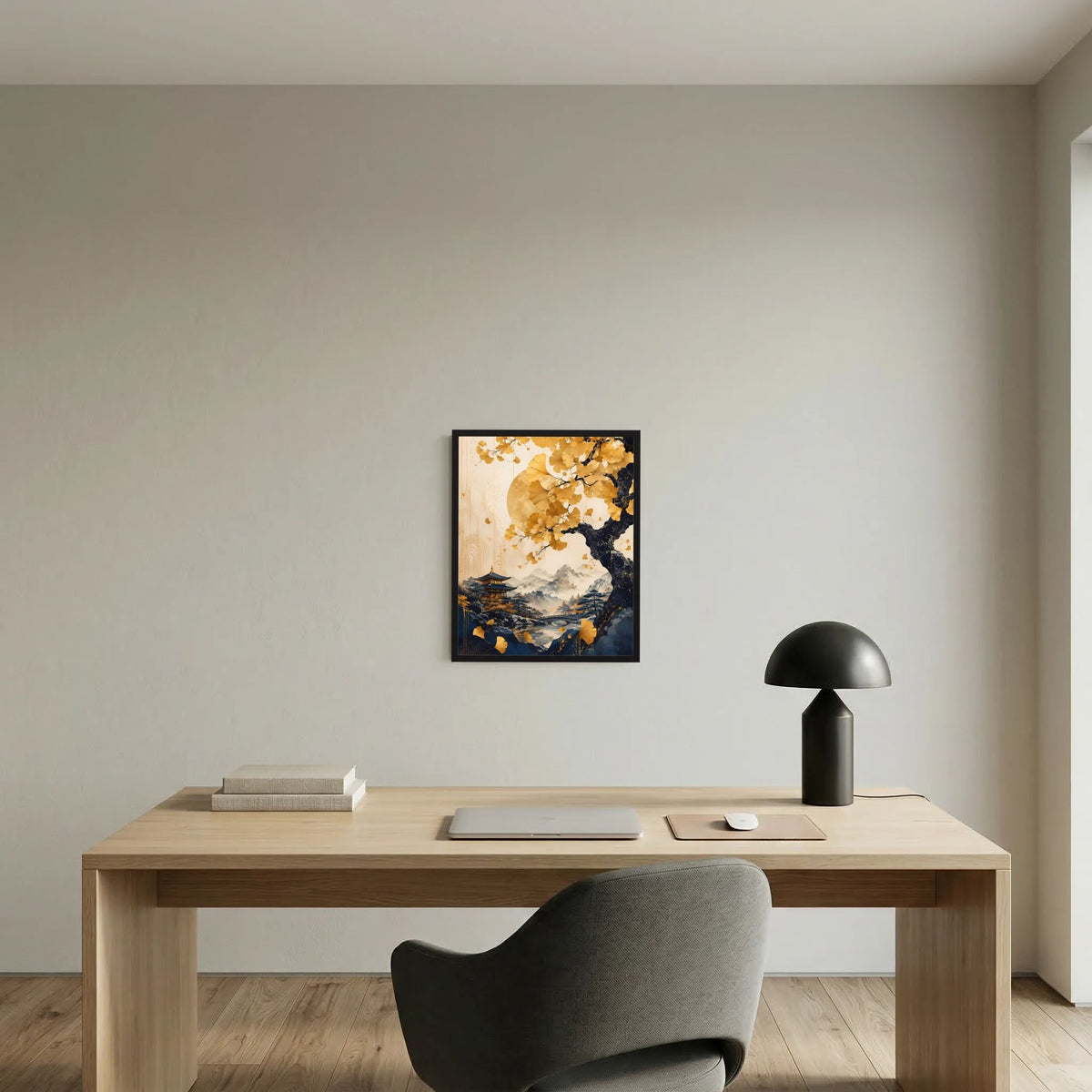 Poster im Hochformat: goldener Ginkgobaum mit dunkler Krone, Pagode und Berge