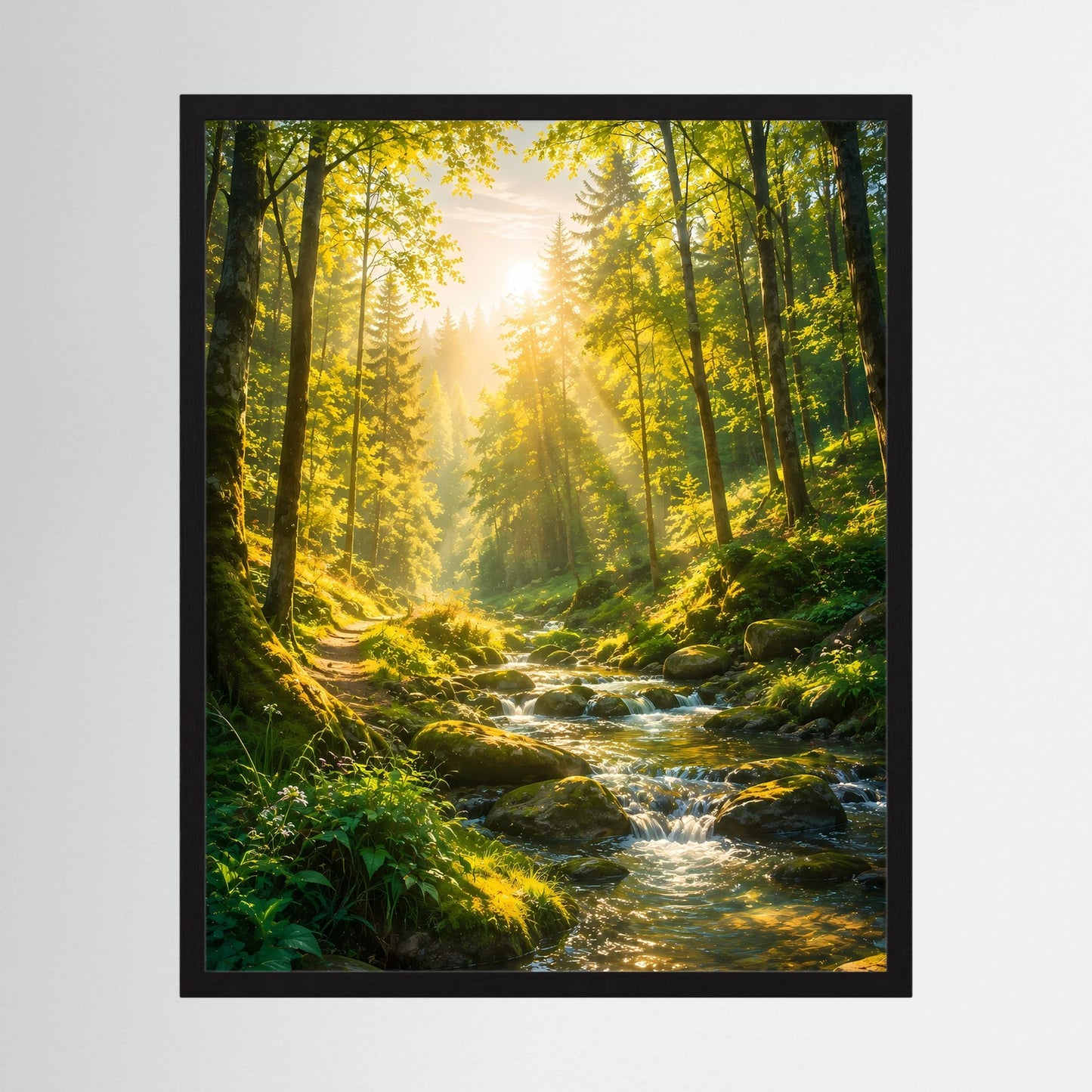 Poster im Hochformat mit Waldbach im Sonnenlicht, im schwarzen Rahmen