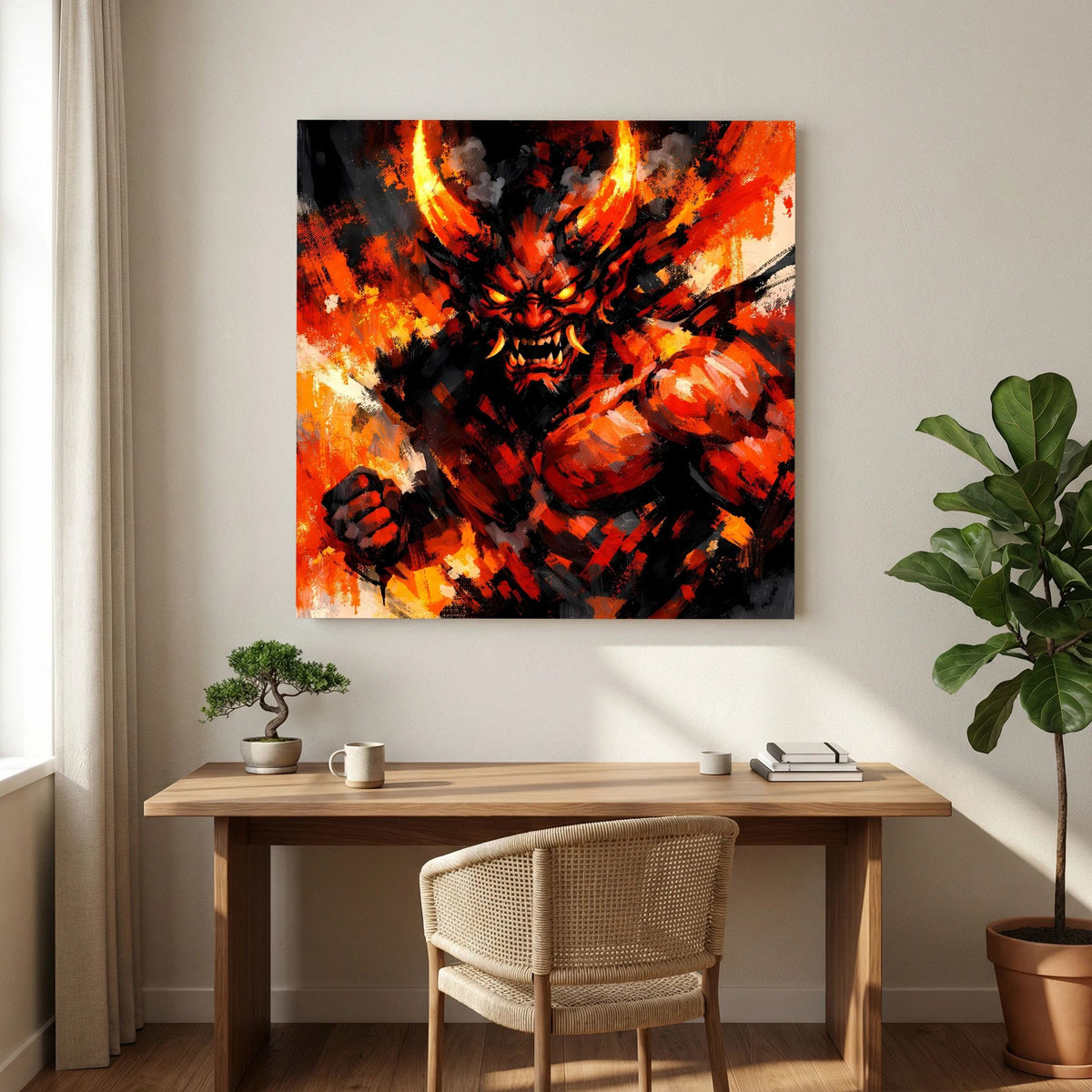 Gerahmtes Leinwand-Wandbild mit Oni-Dämon, kräftige Orangeflammen und schwarze Gestik