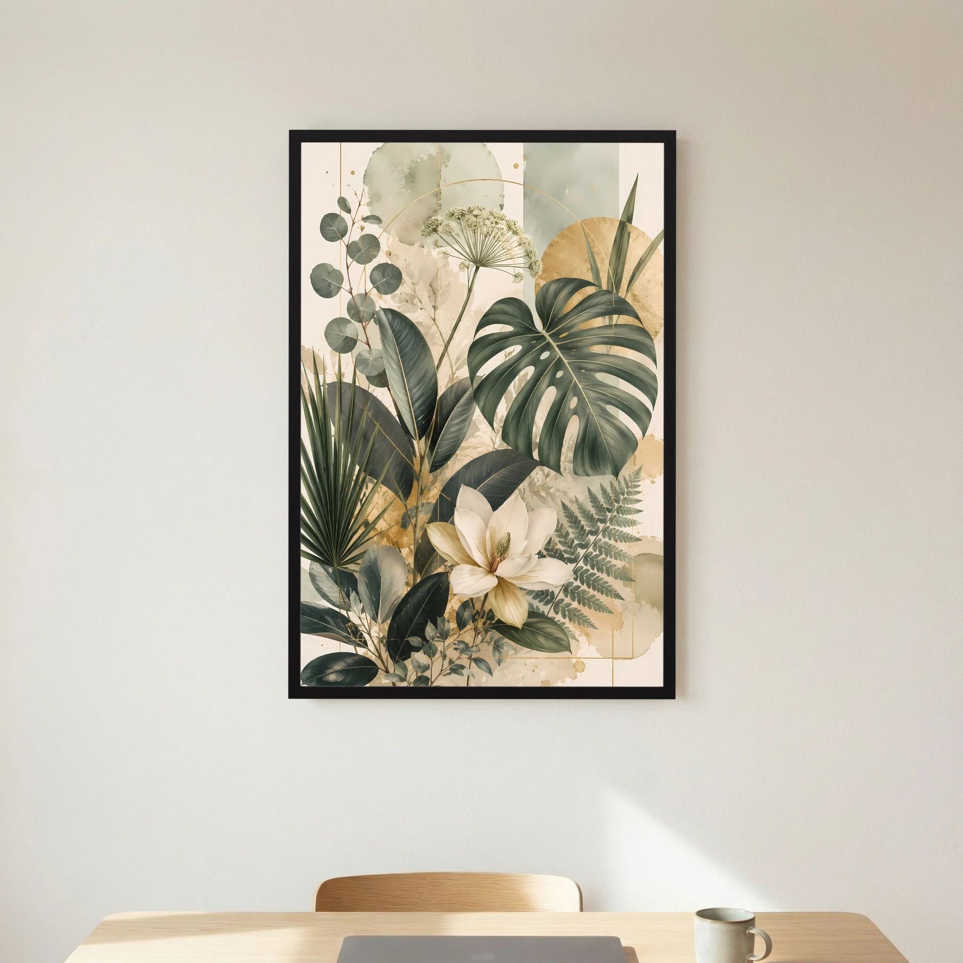 Hochformatiges Pflanzenposter mit grünen Tropenblättern und weißer Magnolie, schwarzer Rahmen