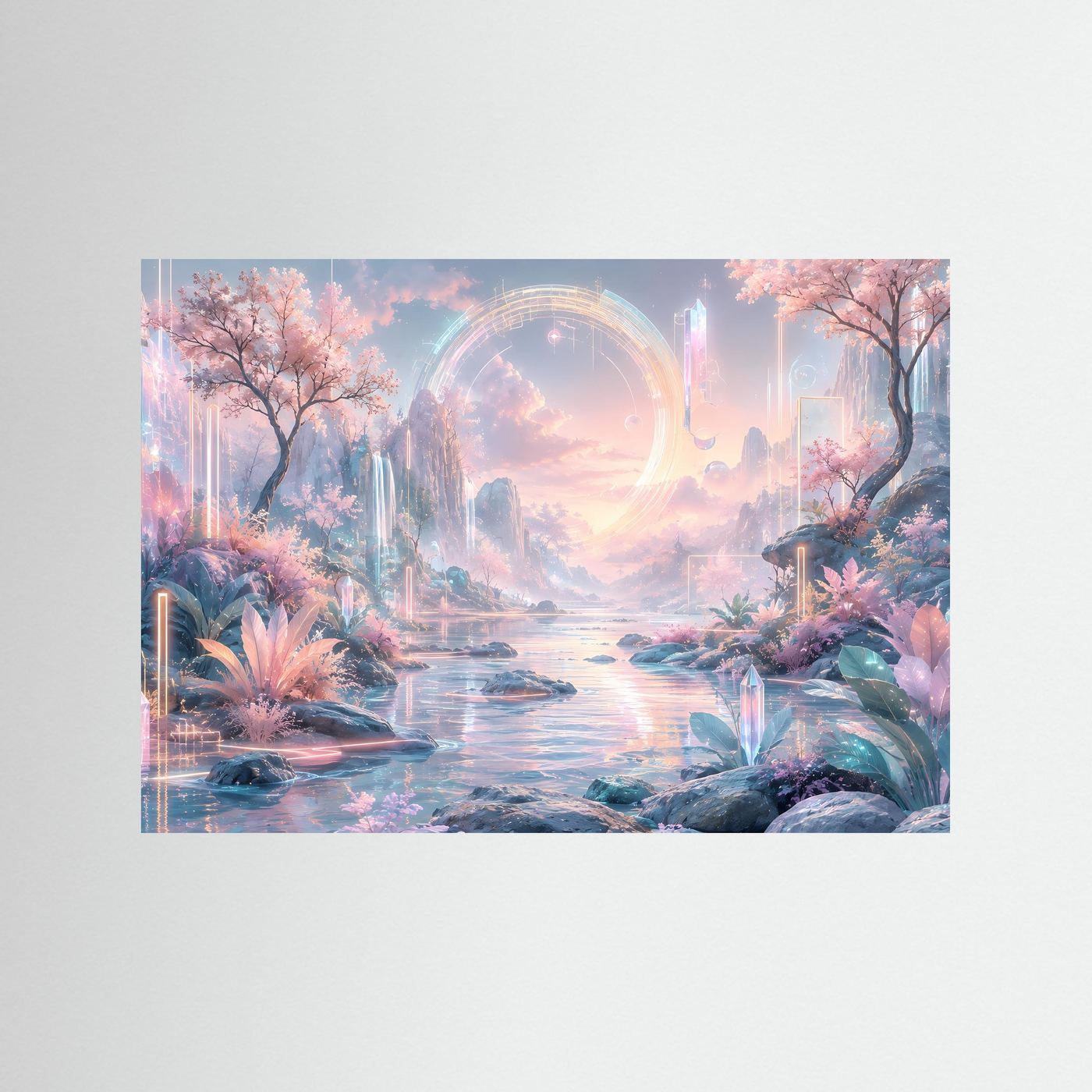 Futuristische Traumlandschaft in Pastell | Fantasy Natur mit Kirschblüten & Lichtportal