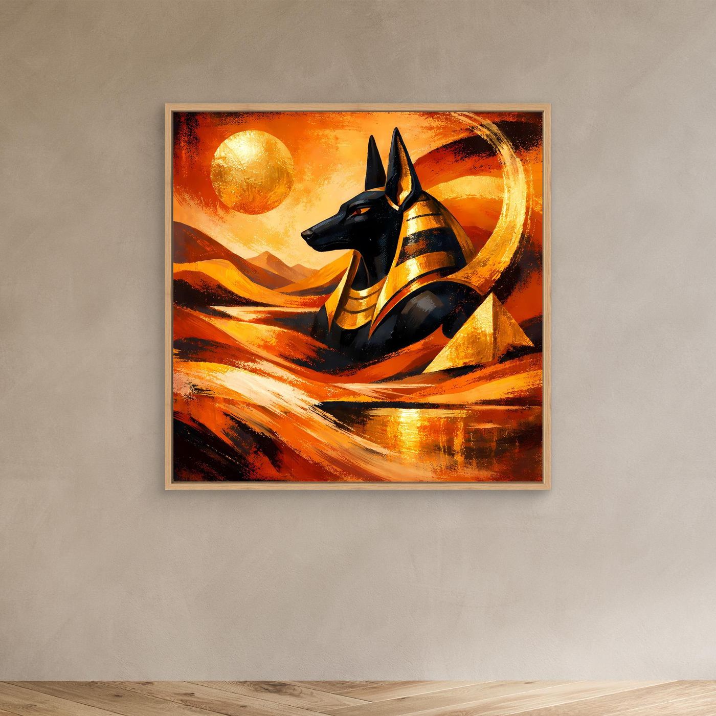 Leinwandbild mit schwarzem Anubis auf abstrakter Wüstenlandschaft, mit Eichenrahmen