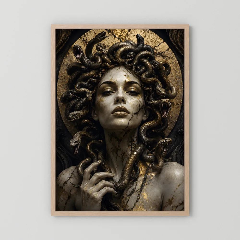 Poster der Schlangengöttin Medusa mit goldenen Schlangen, heller Holzrahmen