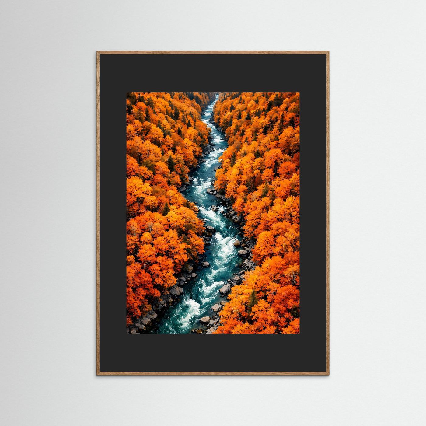 Herbstwald-Wandbild mit Fluss im Rahmen, schwarzes Passepartout, brauner Holzrahmen