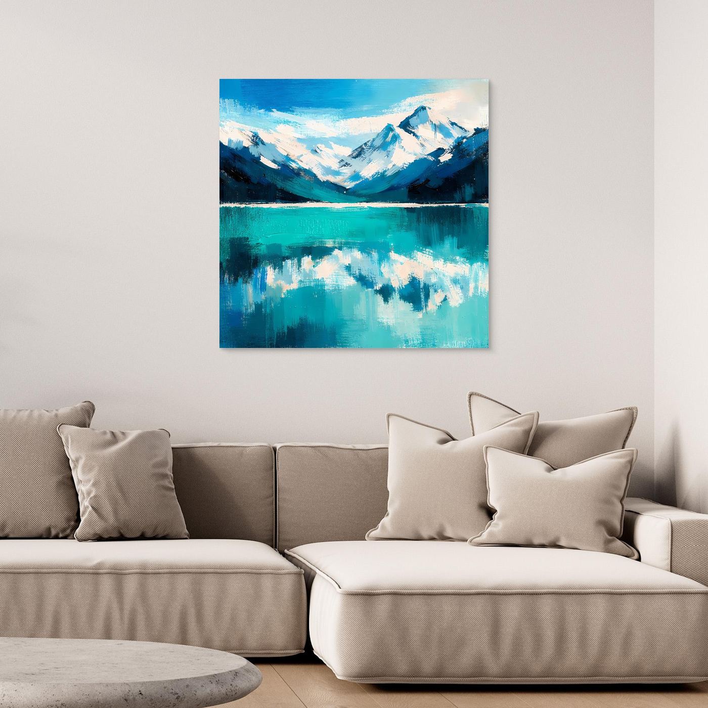 Leinwand Abstraktes Bergsee Gemälde | Modernes Alpines Wandbild Türkis Blau