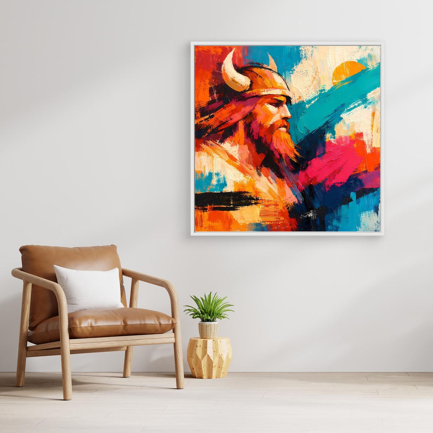 Buntes Leinwand-Wandbild mit Wikingerprofil im abstrakten Stil, silberfarbener Rahmen