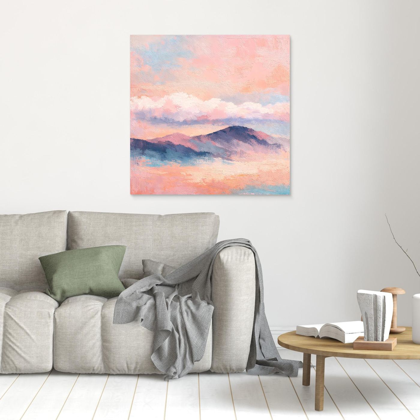 Quadratisches Leinwand-Wandbild mit Pastell-Bergkette und Sonnenuntergangswolken