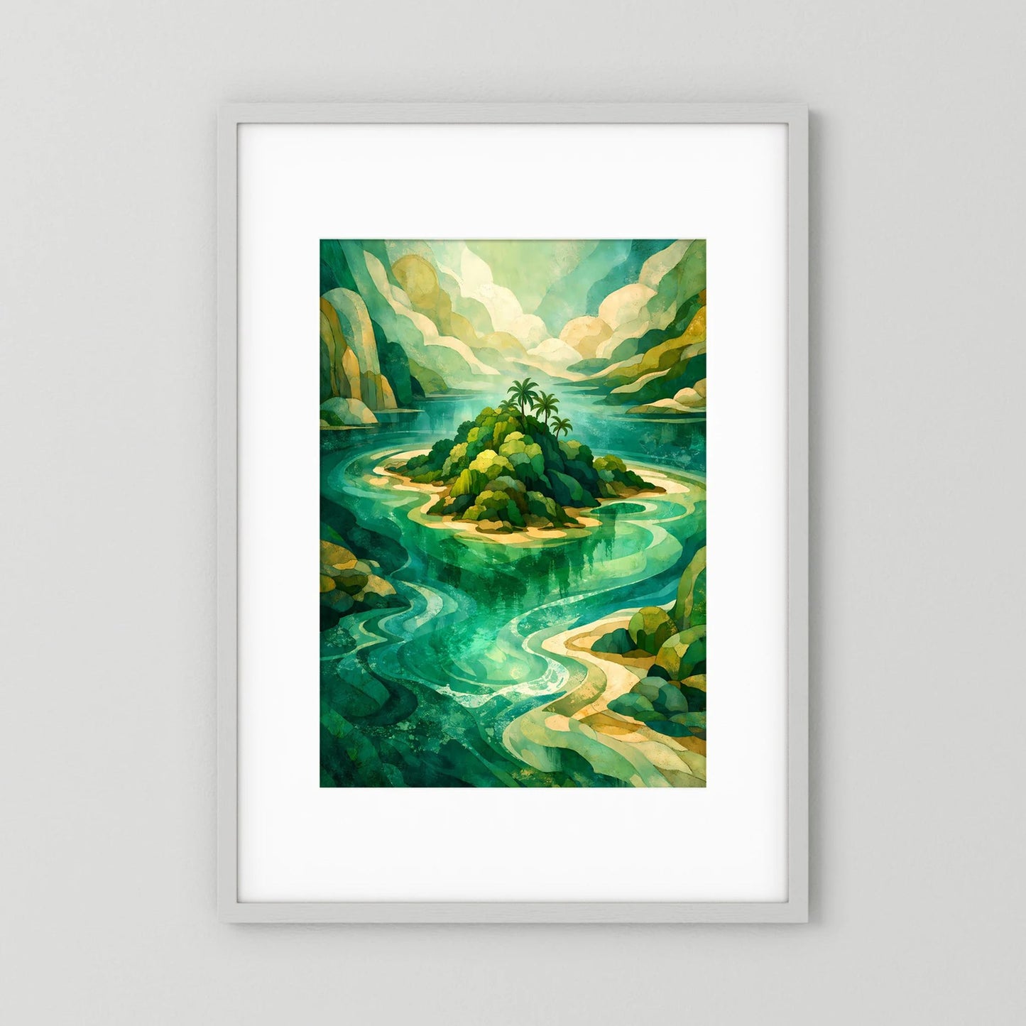 Gerahmtes Hochformat-Poster mit abstrakter Lagunenlandschaft in Türkis und Grün