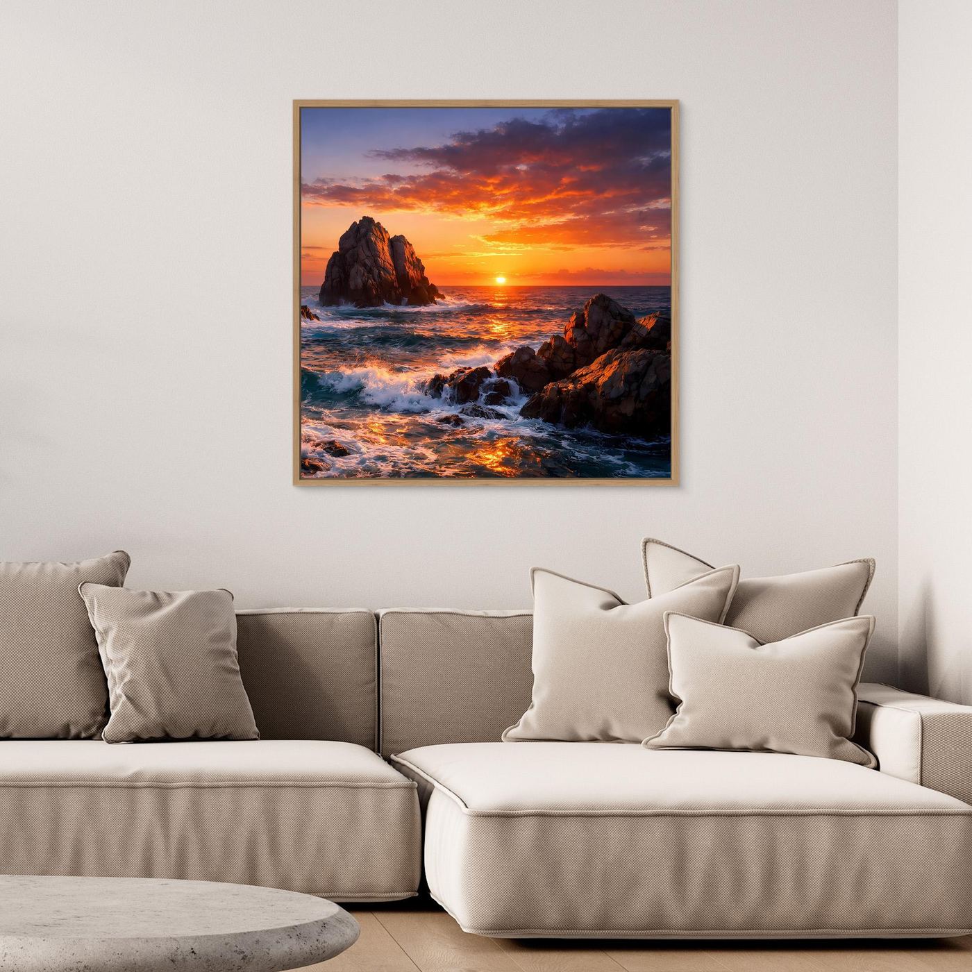 Gerahmtes Leinwandbild mit Sonnenuntergang über dem Meer und steilen Felsen