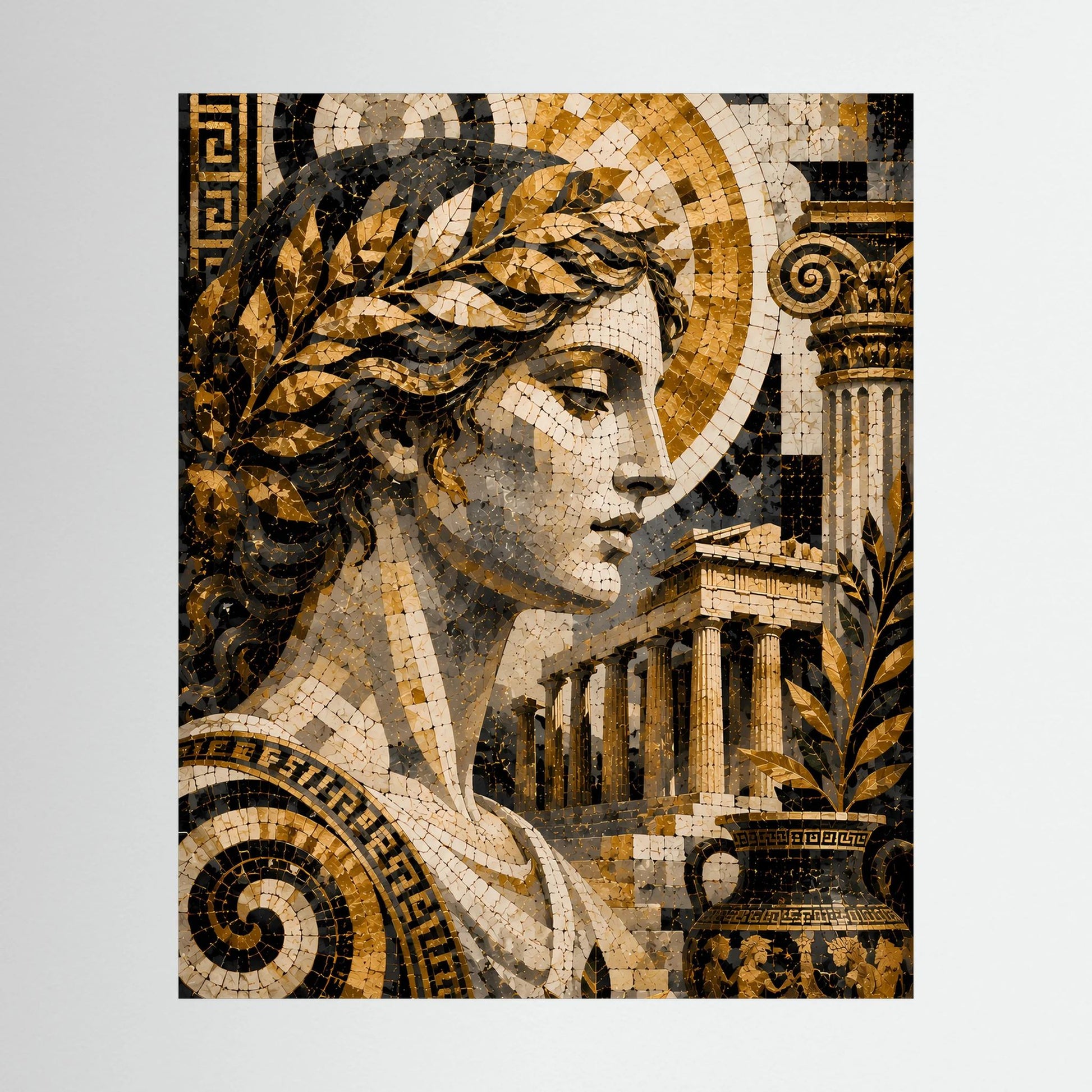 Griechische Göttin-Mosaikposter, Gold- und Schwarzprofil mit Tempelsäulen, hochformat