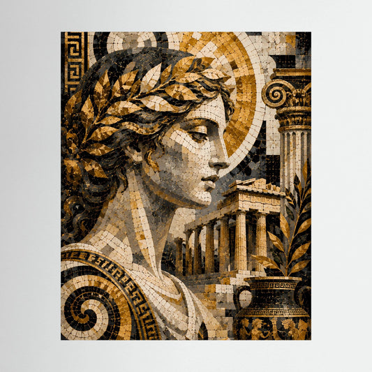Griechische Göttin-Mosaikposter, Gold- und Schwarzprofil mit Tempelsäulen, hochformat