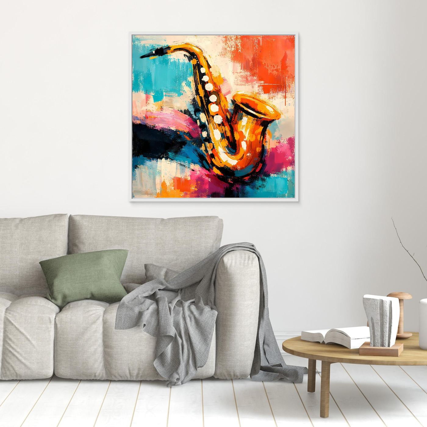 Framed abstract saxophone wall art with colorful paint strokes in blue, red, and orange.