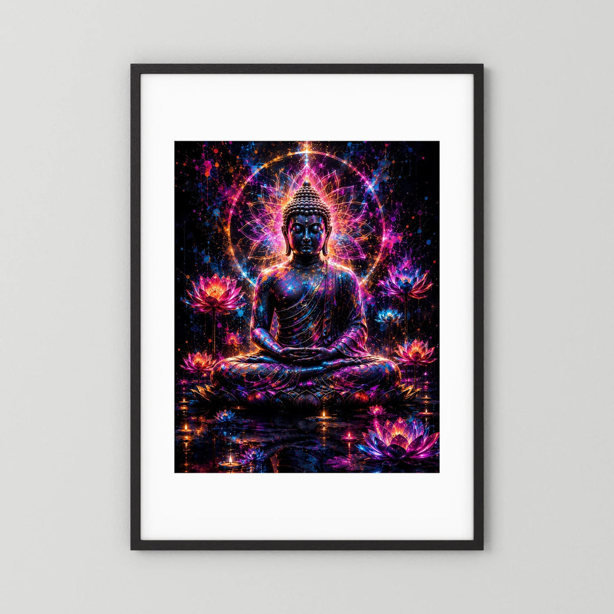 Poster im schwarzen Rahmen mit weißem Passepartout: Buddha, Neon-Lotus, leuchtende Aura
