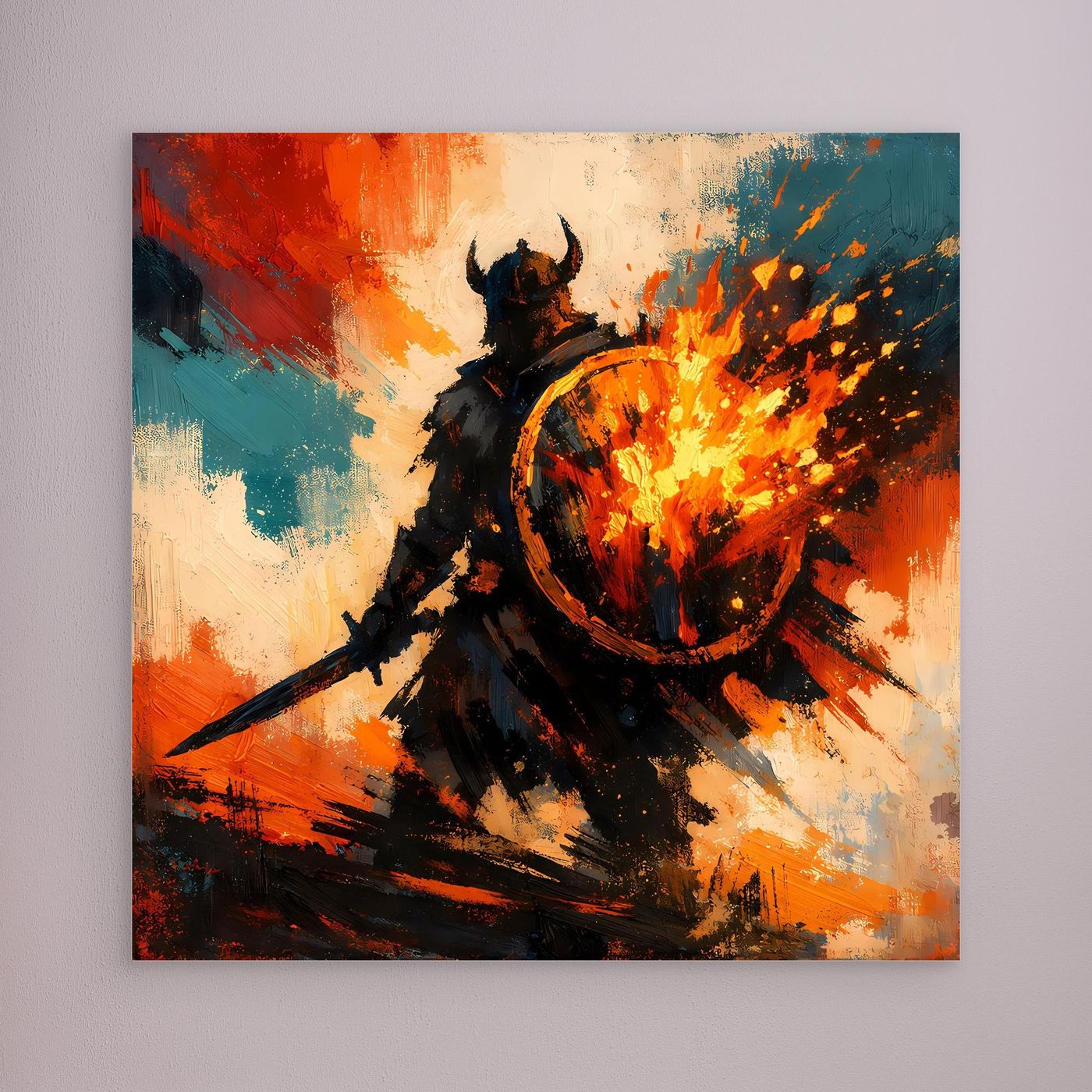 Wandbild auf Leinwand ohne Rahmen: Silhouette eines Kriegers mit brennendem Schild, abstrakt.