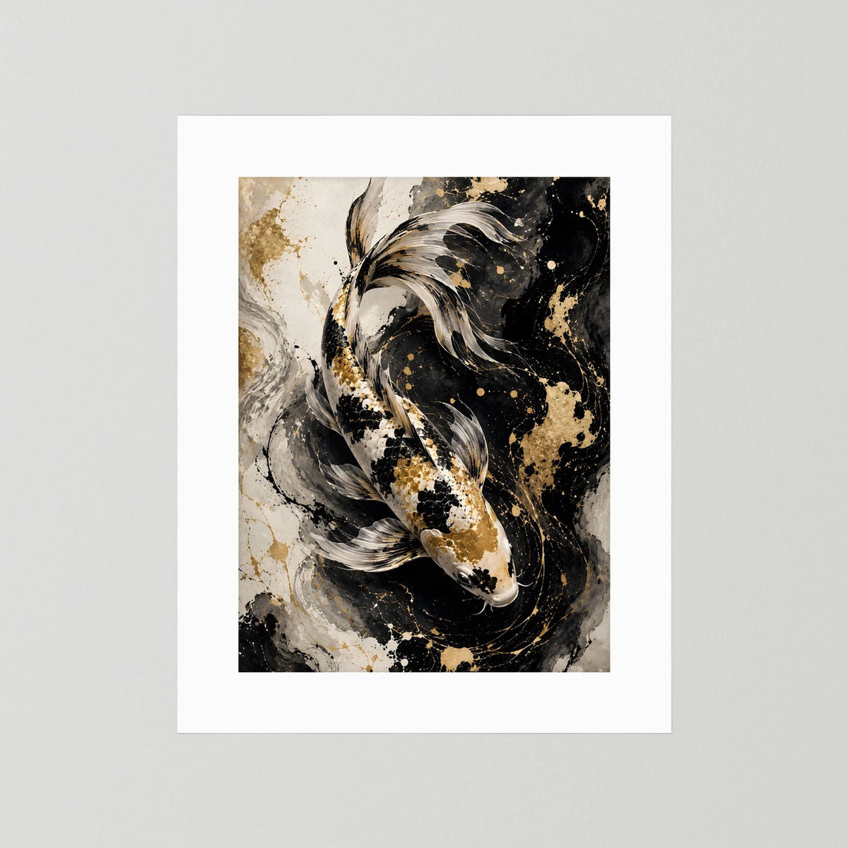 Koi-Wandposter ohne Rahmen: abstrakter Koi in Schwarz, Weiß und Gold auf hellem Rand