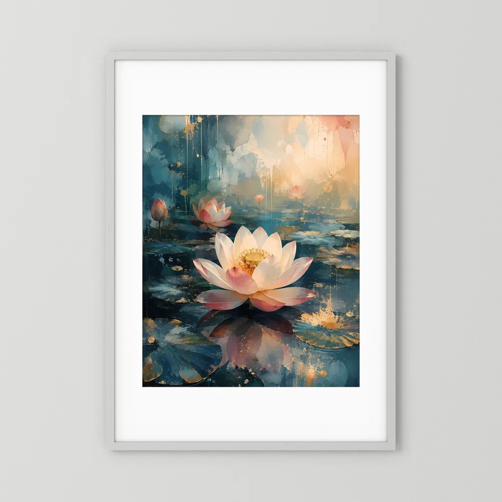 Hochformatiges Lotus-Kunstposter im weißen Rahmen, weiße Lotusblüte auf blau-goldener Seefläche