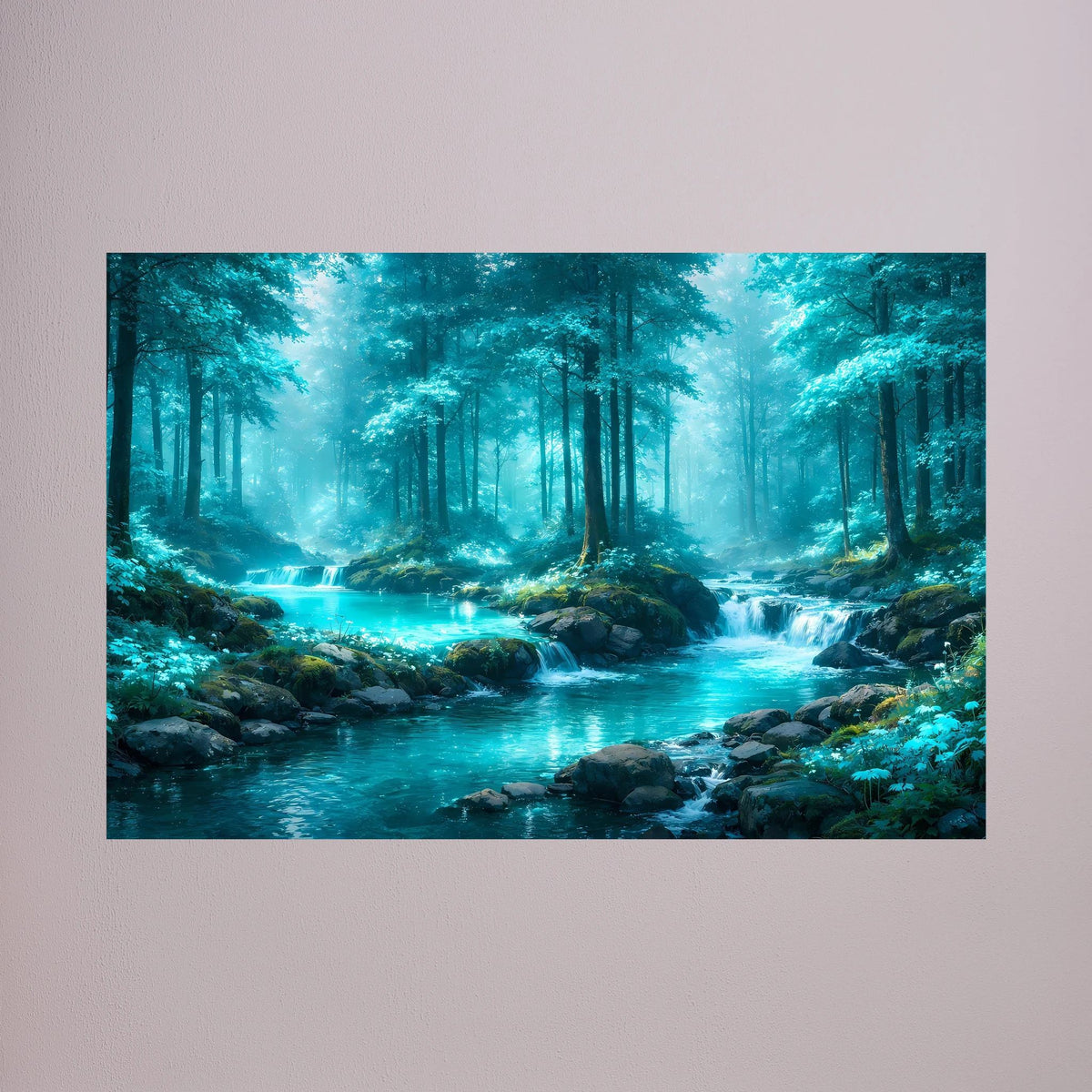 Querformatiges Poster: türkisblauer Fluss zwischen grünen Bäumen, Wasser und Steine