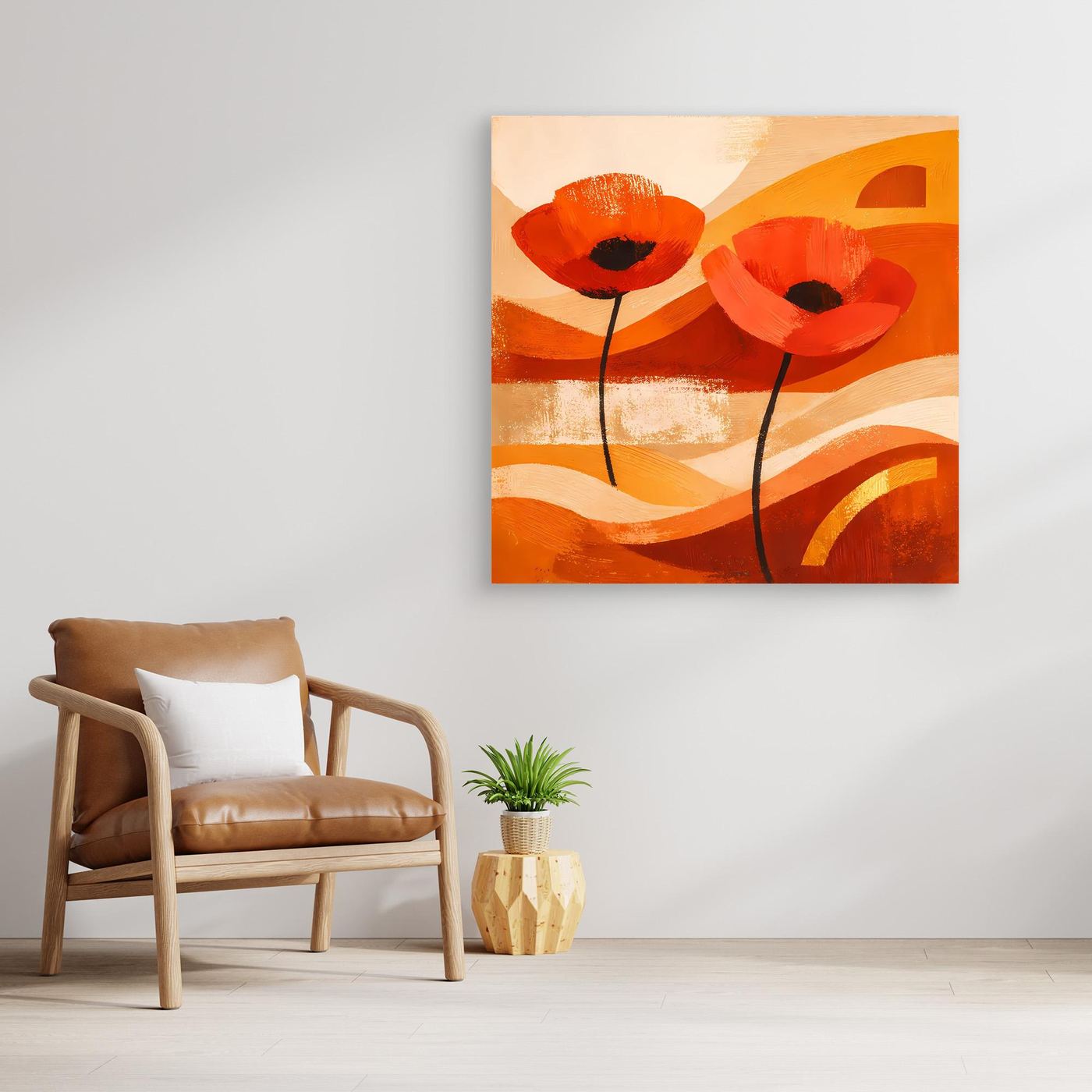 Leinwandbild mit abstraktem Mohnfeld: warme Orange- und Rottöne mit schwarzen Stielen
