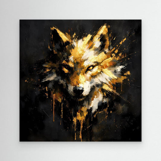 Leinwand-Wandbild: abstrakter goldener Wolfskopf auf dunklem Hintergrund