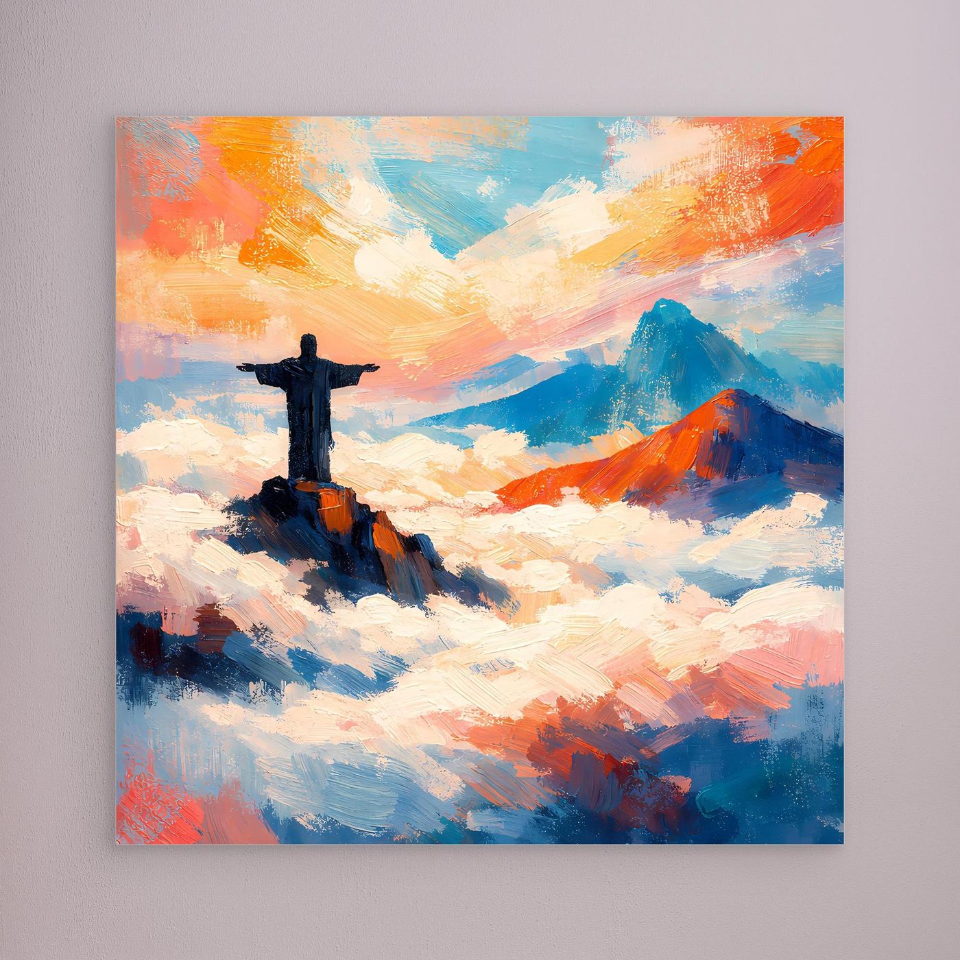 Wandbild auf Leinwand: abstrakter Christus auf Wolken, farbiger Himmel, ohne sichtbaren Rahmen