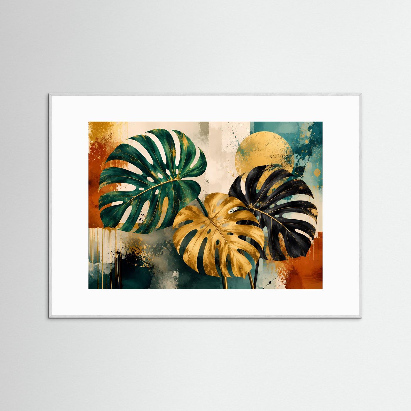 Luxuriöse Monstera Blätter in Grün, Gold & Schwarz | Abstrakte Botanische Kunst – Modernes Poster Querformat
