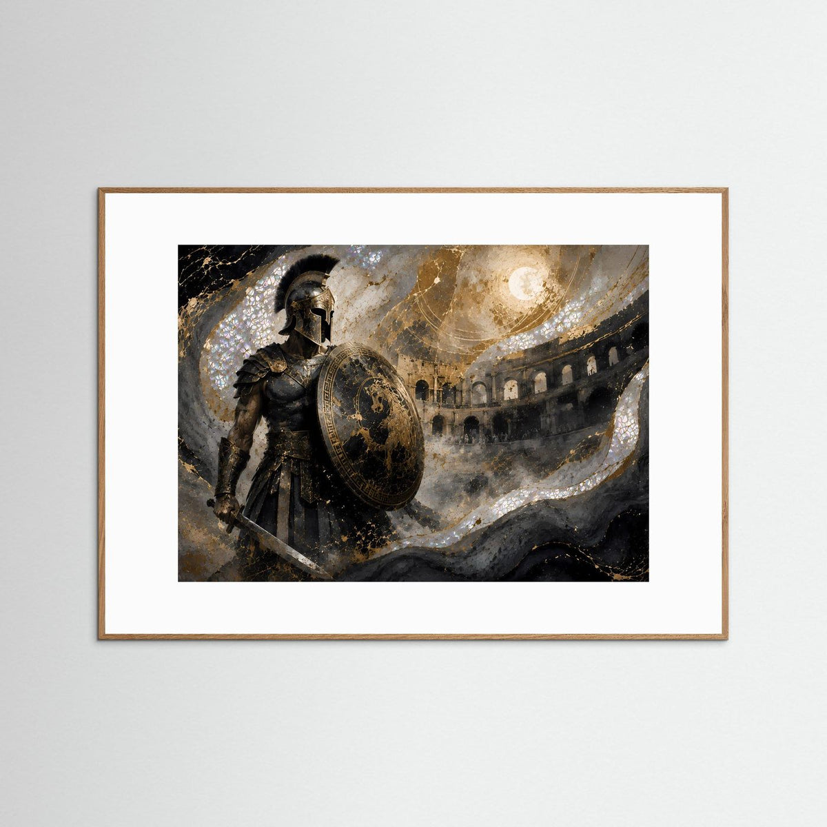 Poster mit römischem Gladiator in dunkler Rüstung, Schild in Gold, im braunen Rahmen mit weißem Rand.
