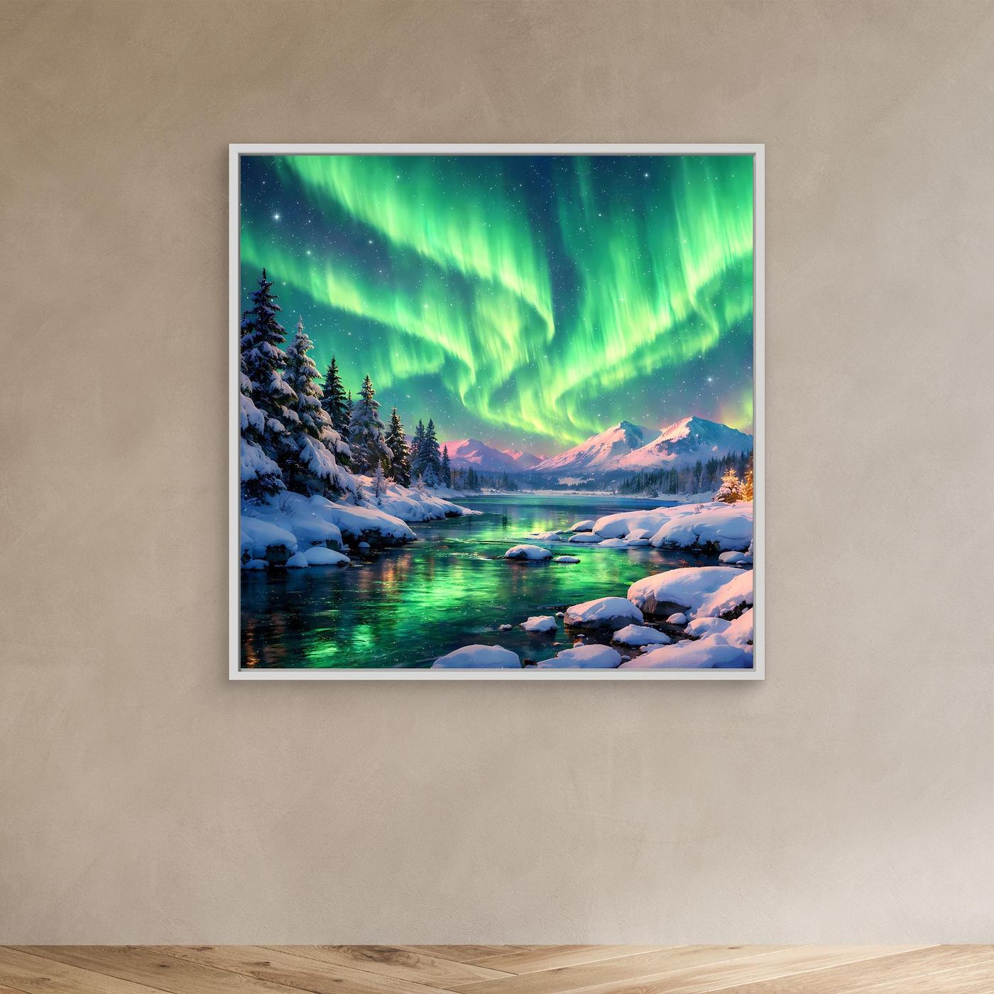 Leinwandbild Magische Polarlichter | Winterliche Polarlicht-Nacht Wandbild auf echtem Holzkeilrahmen