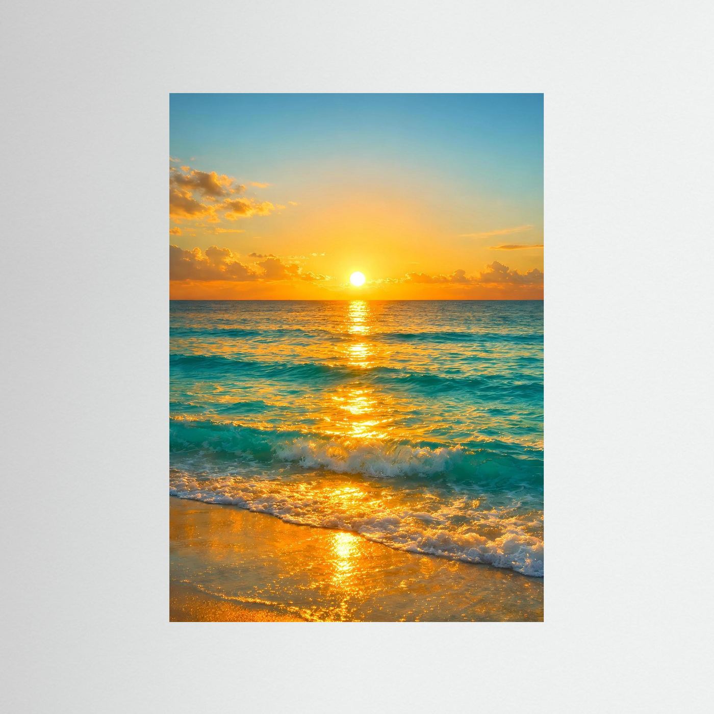 Maritimes Ozean-Poster im Hochformat mit goldenem Sonnenuntergang über türkisfarbenem Meer