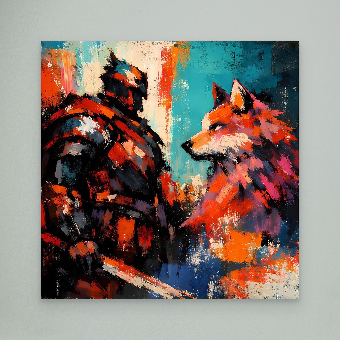 Abstraktes Leinwand-Wandbild: Kriegerfigur und Wolf, orangefarbene Akzente auf blauem Grund