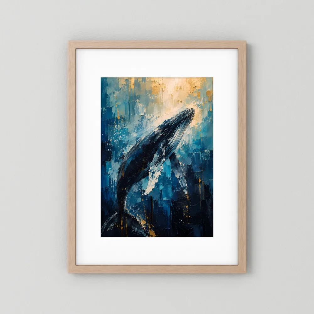 Poster im Hochformat mit Buckelwal in Blau und Gold, abstrakt, mit hellem Holzrahmen.