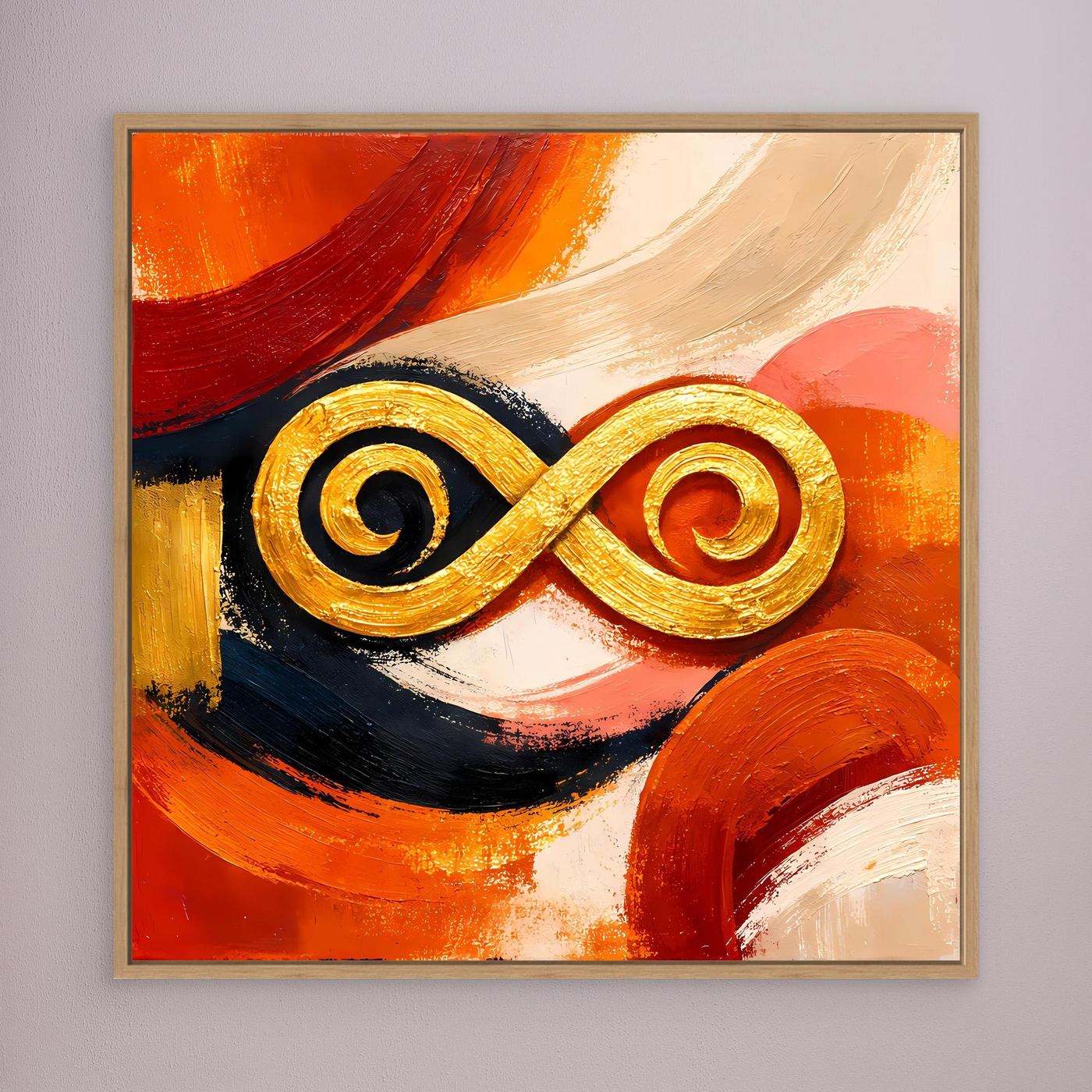 Leinwandbild mit goldenem Unendlichkeitszeichen im abstrakten Orange-Rot-Muster, Holzrahmen