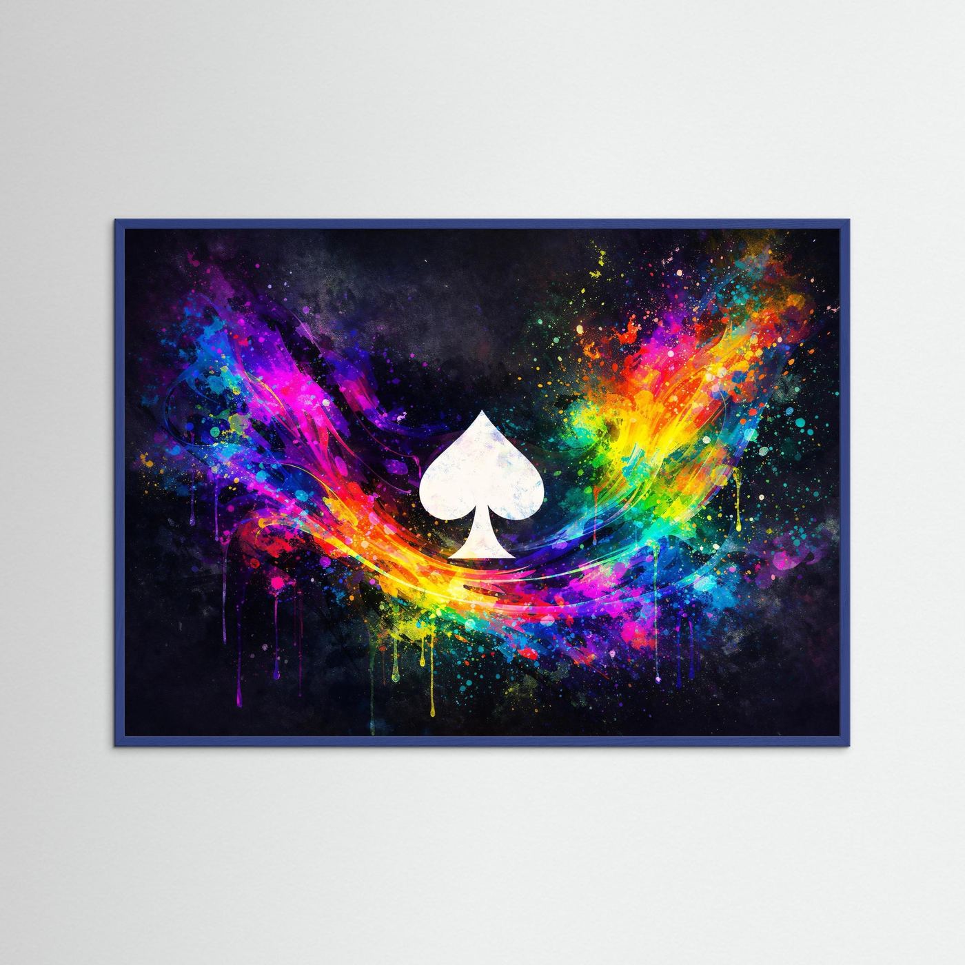 Poster mit abstrakter Neonkunst und weißem Pik-Symbol, blauer Rahmen