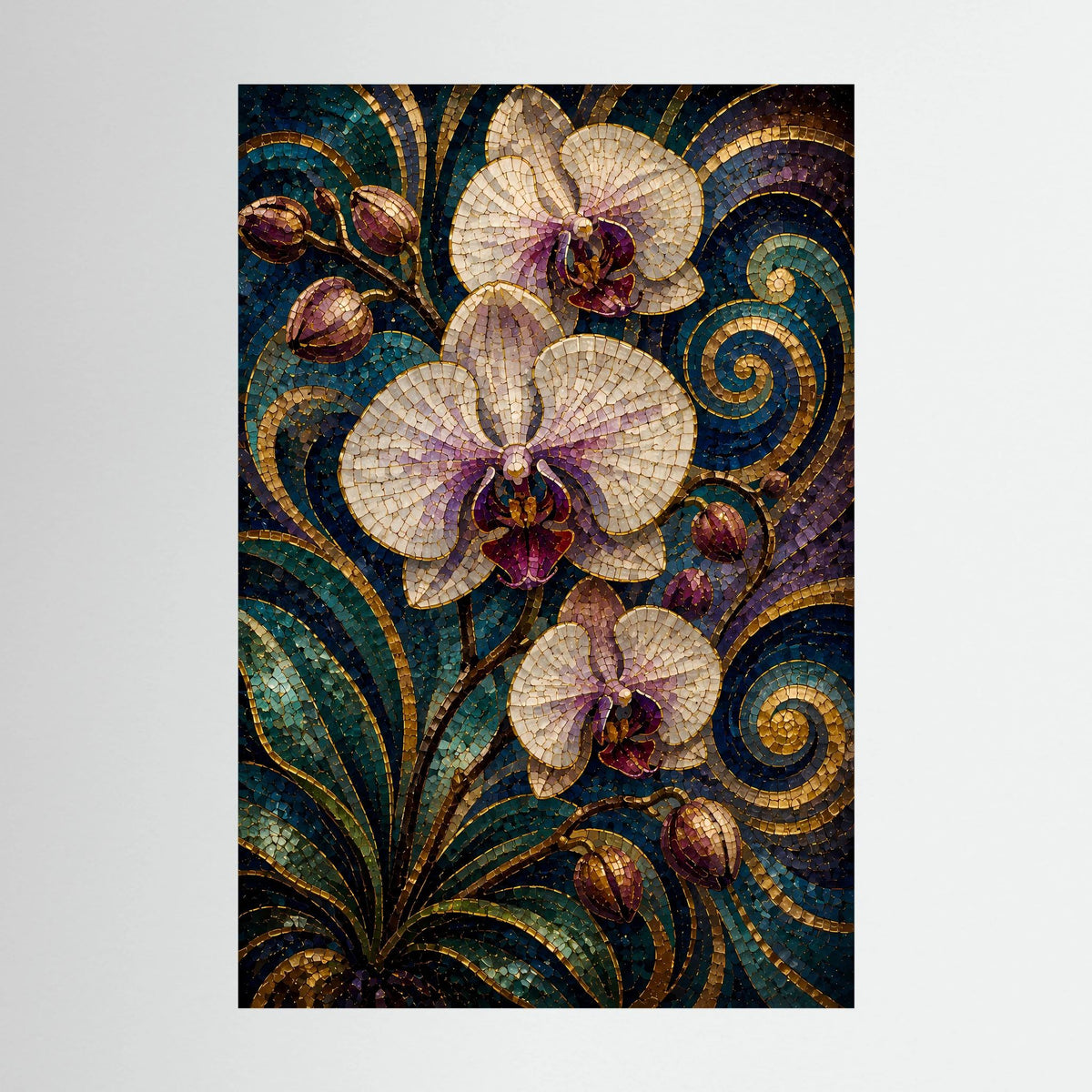 Hochformatiges Orchideen-Poster im Mosaikstil, weiße Blüten, türkis-goldene Spiralen
