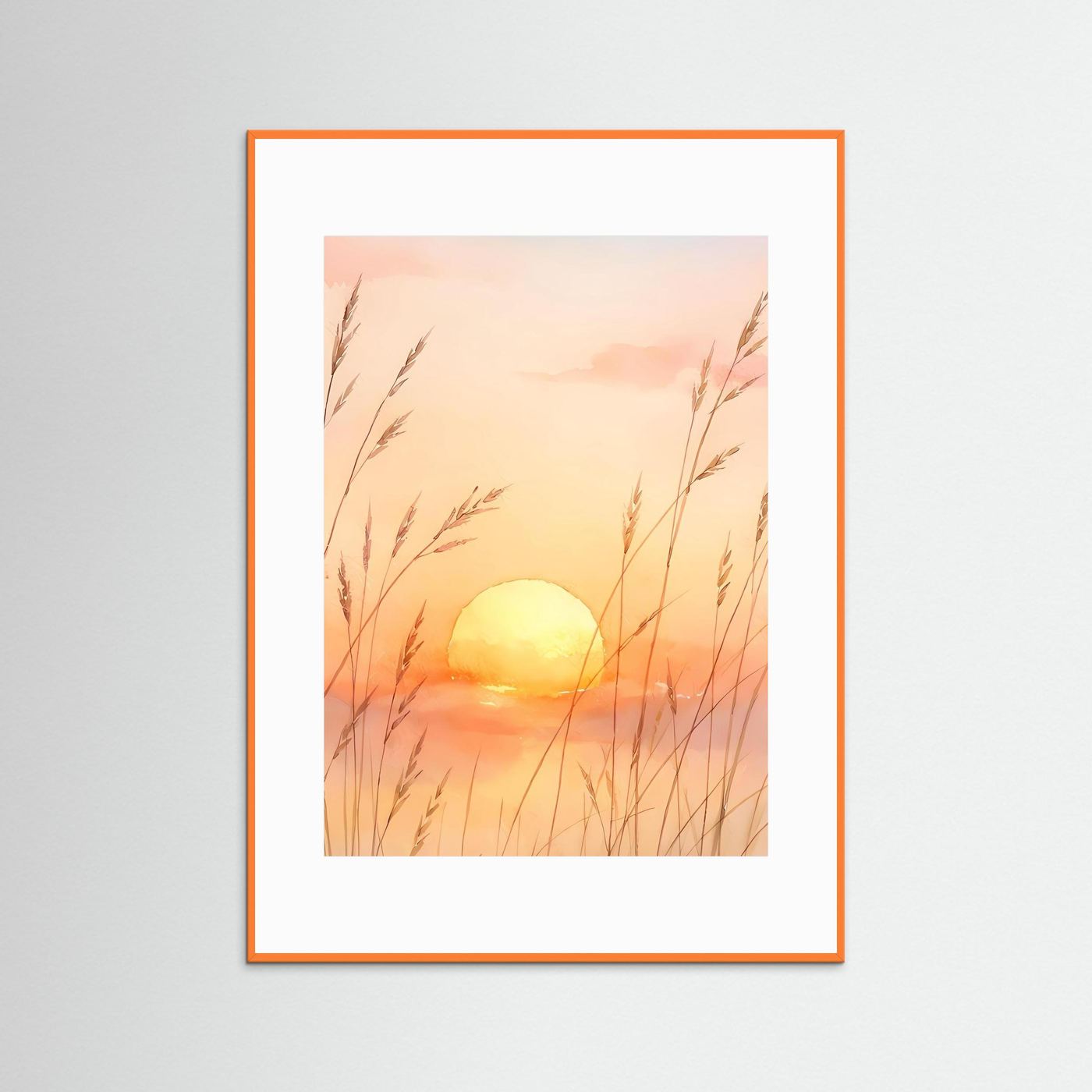 Poster mit Aquarellmotiv: Sonnenuntergang und Gräser im weißen Rahmen mit Passepartout