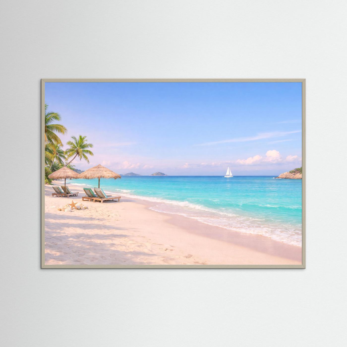 Strand-Panorama-Poster, grauer Holzrahmen, Palmen, türkisfarbenes Meer und Segelboot
