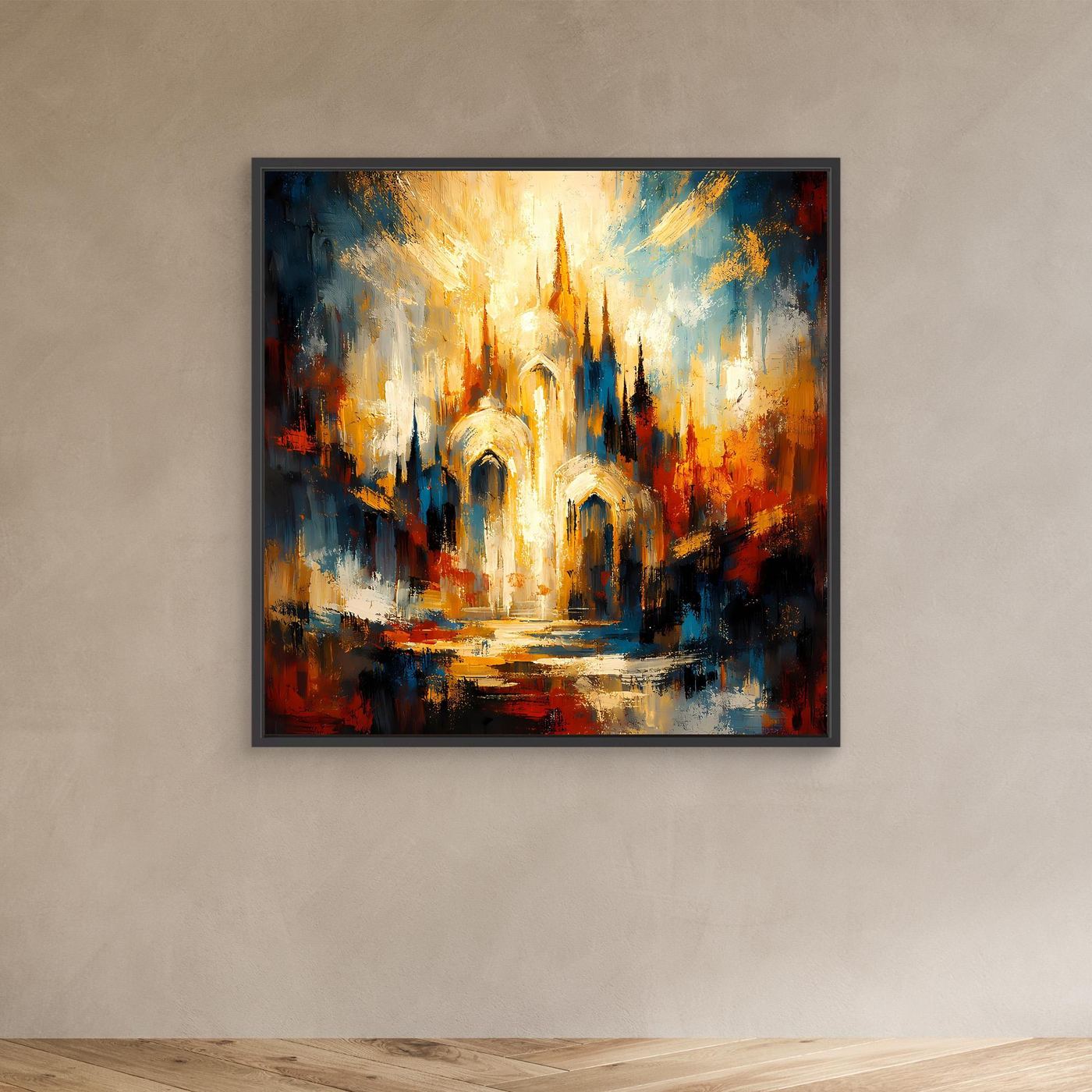 Leinwandbild „Goldene Kathedrale“: abstrakte Architektur in Blau und Gold, mit schwarzem Rahmen