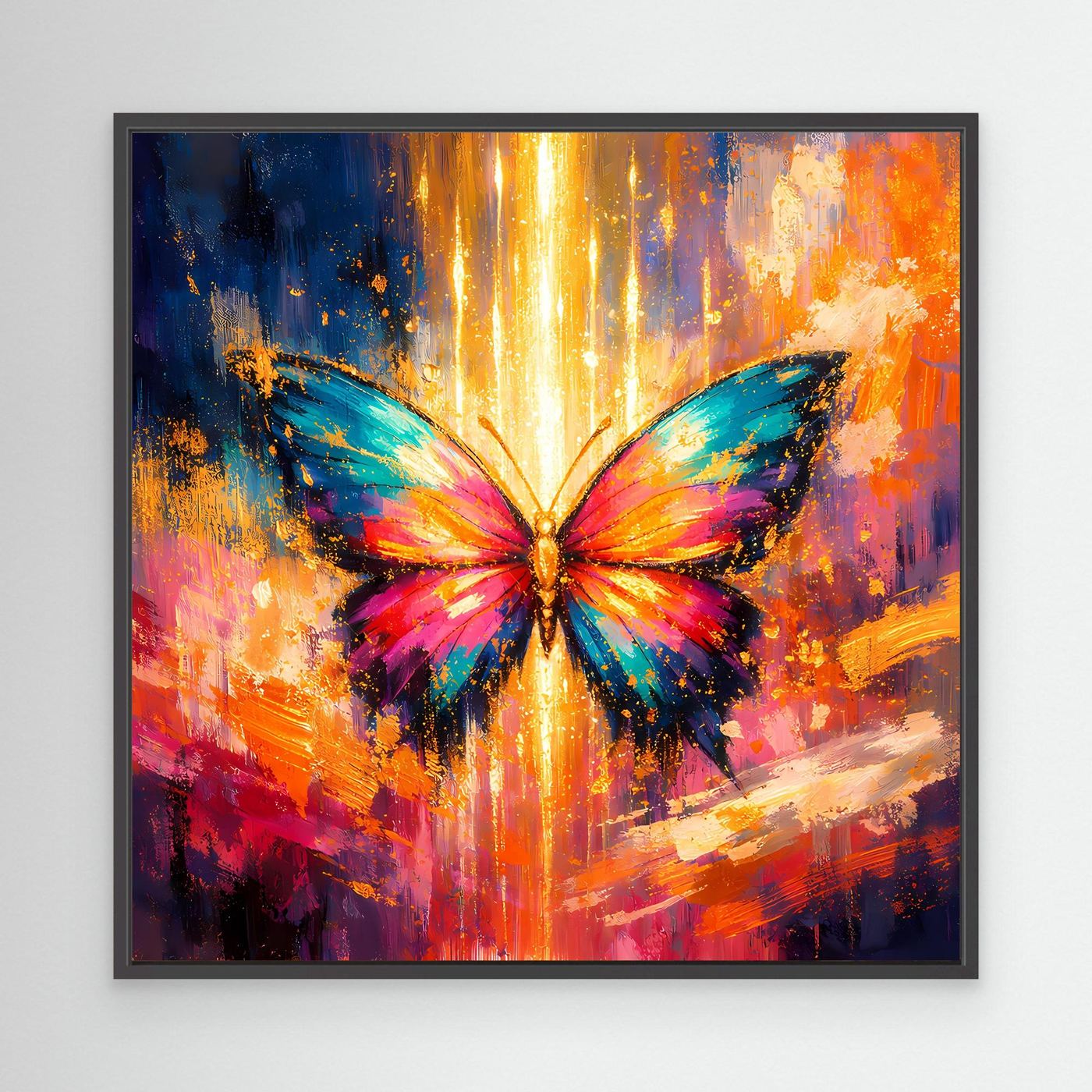 Wandbild mit leuchtendem Schmetterling im Lichtstrahl im schwarzen Rahmen, bunte Farbstreifen