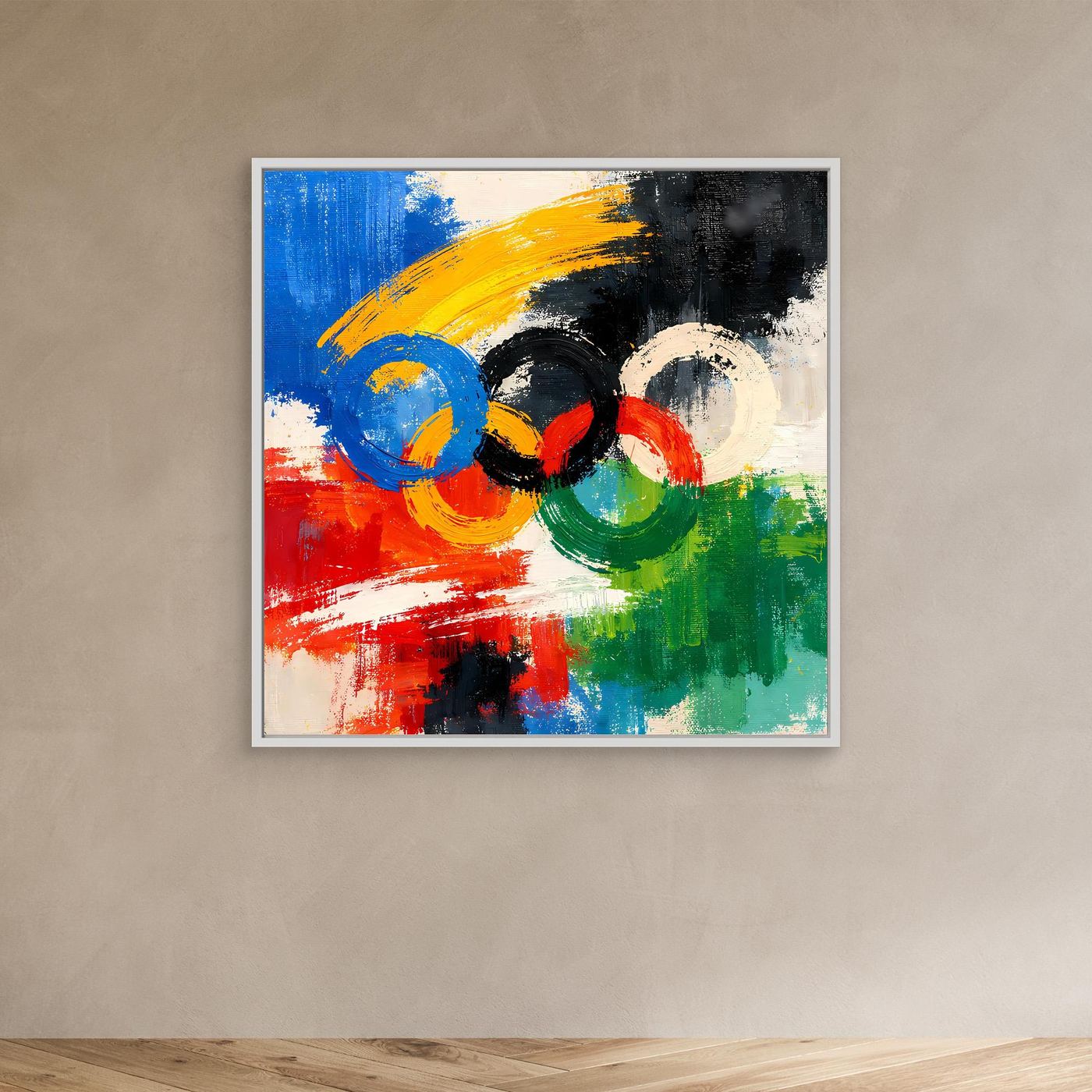 Leinwandbild abstrakte Olympische Ringe: Blau, Gelb, Schwarz, Rot, Grün mit weißem Rahmen