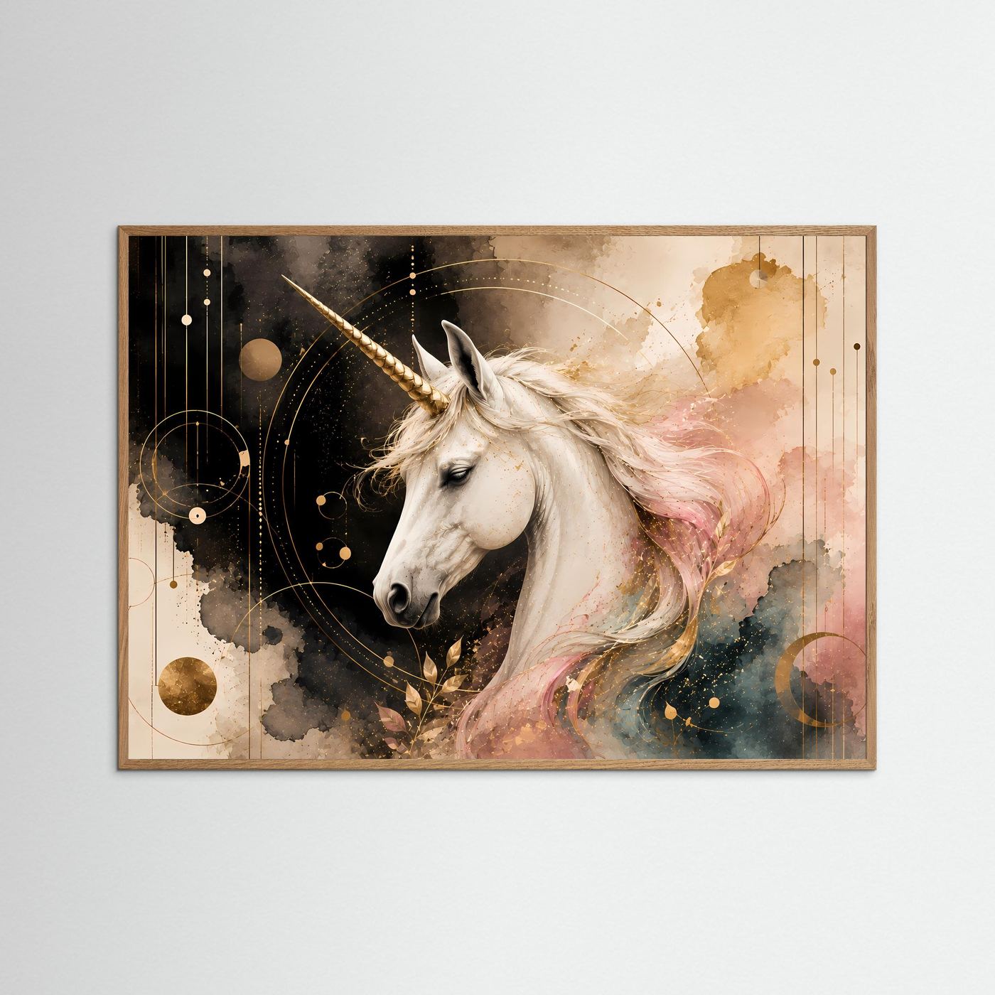 Querformat-Poster mit Einhorn in Pastellrosa und Gold im hellem Eichenholzrahmen