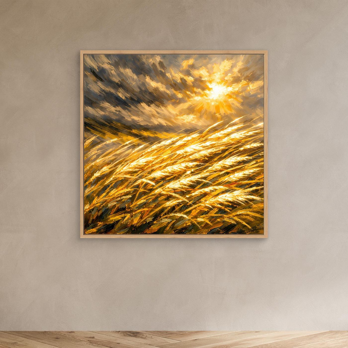 Leinwandbild mit goldenem Weizenfeld und Sonnenstrahlen, Eichenrahmen