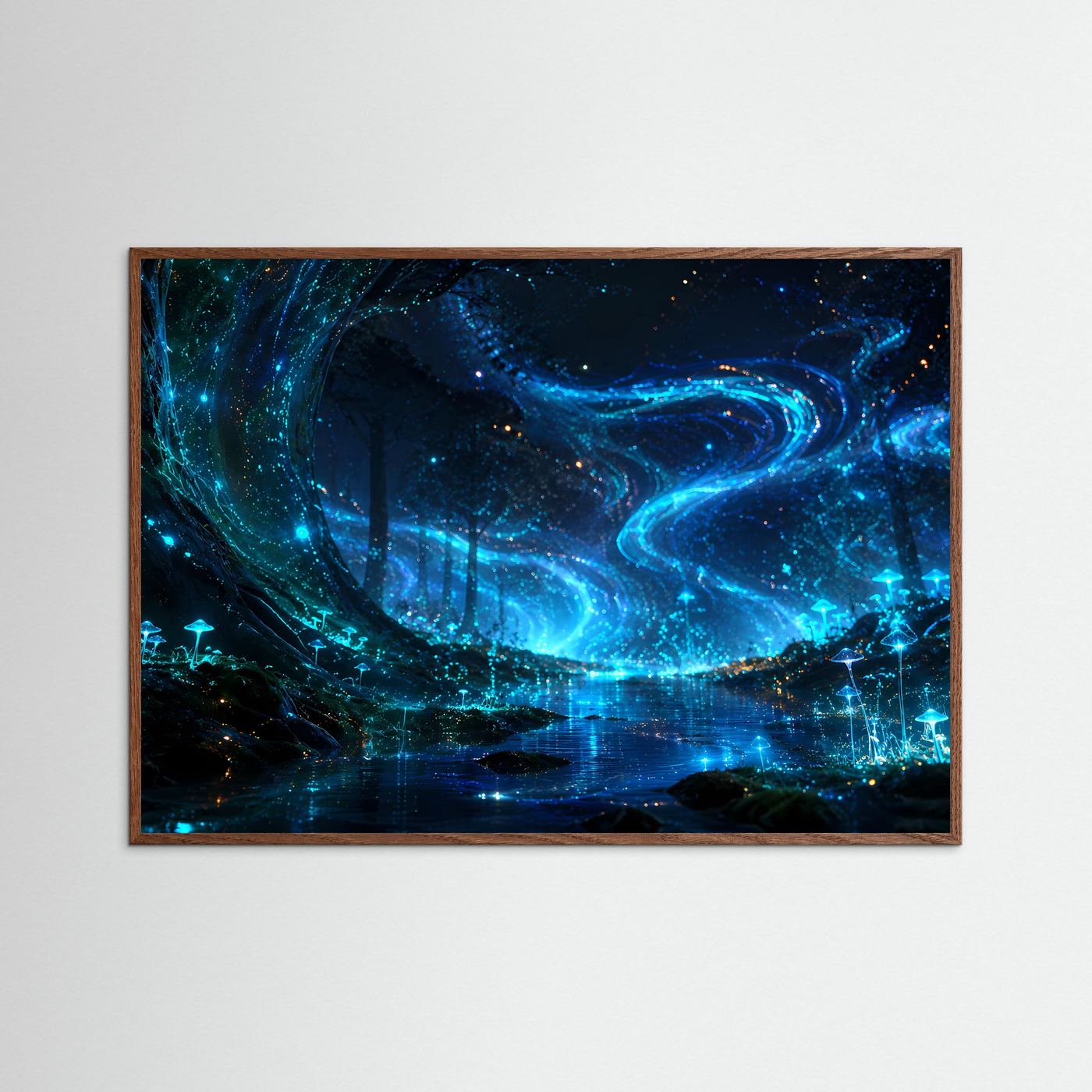 Biolumineszierender Wald Poster | Magischer Leuchtwald Wandbild | Fantasie Natur Landschaft | Mystischer Nachtwald | Premium Leinwand Wall Art